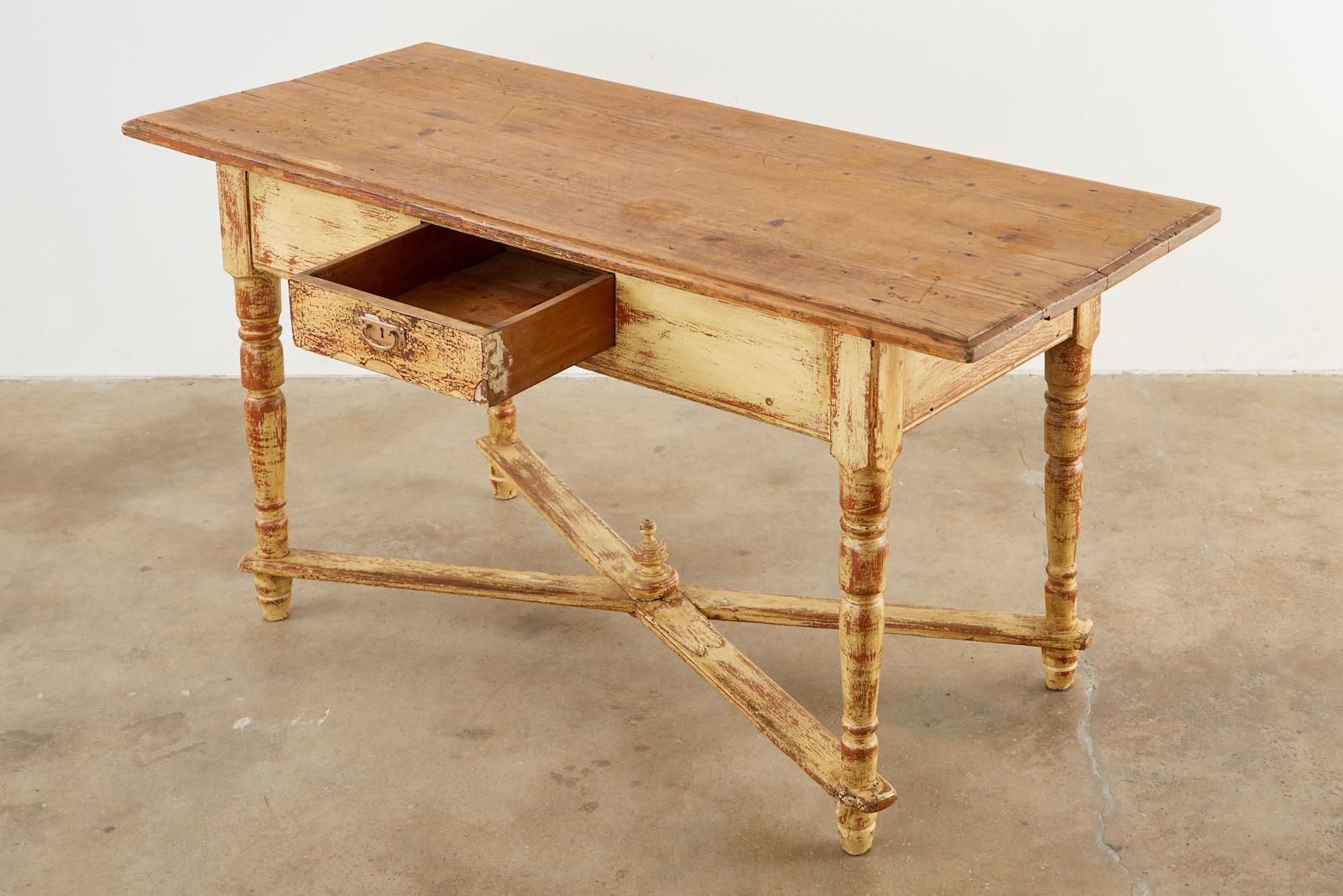 Country French Painted Pine Farmhouse Console or Work Table In Distressed Condition In Rio Vista, CA