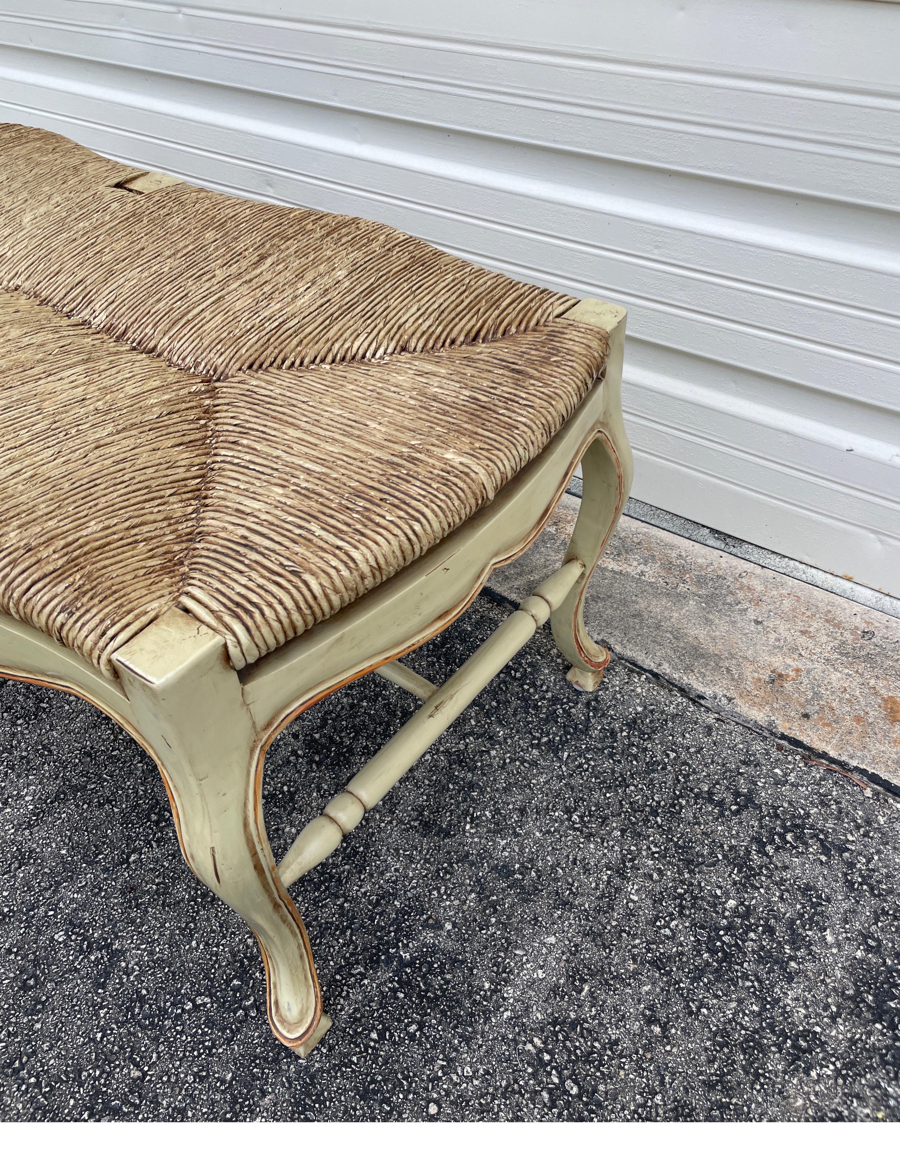 Country French Painted Rush Seat Bench In Good Condition For Sale In West Palm Beach, FL