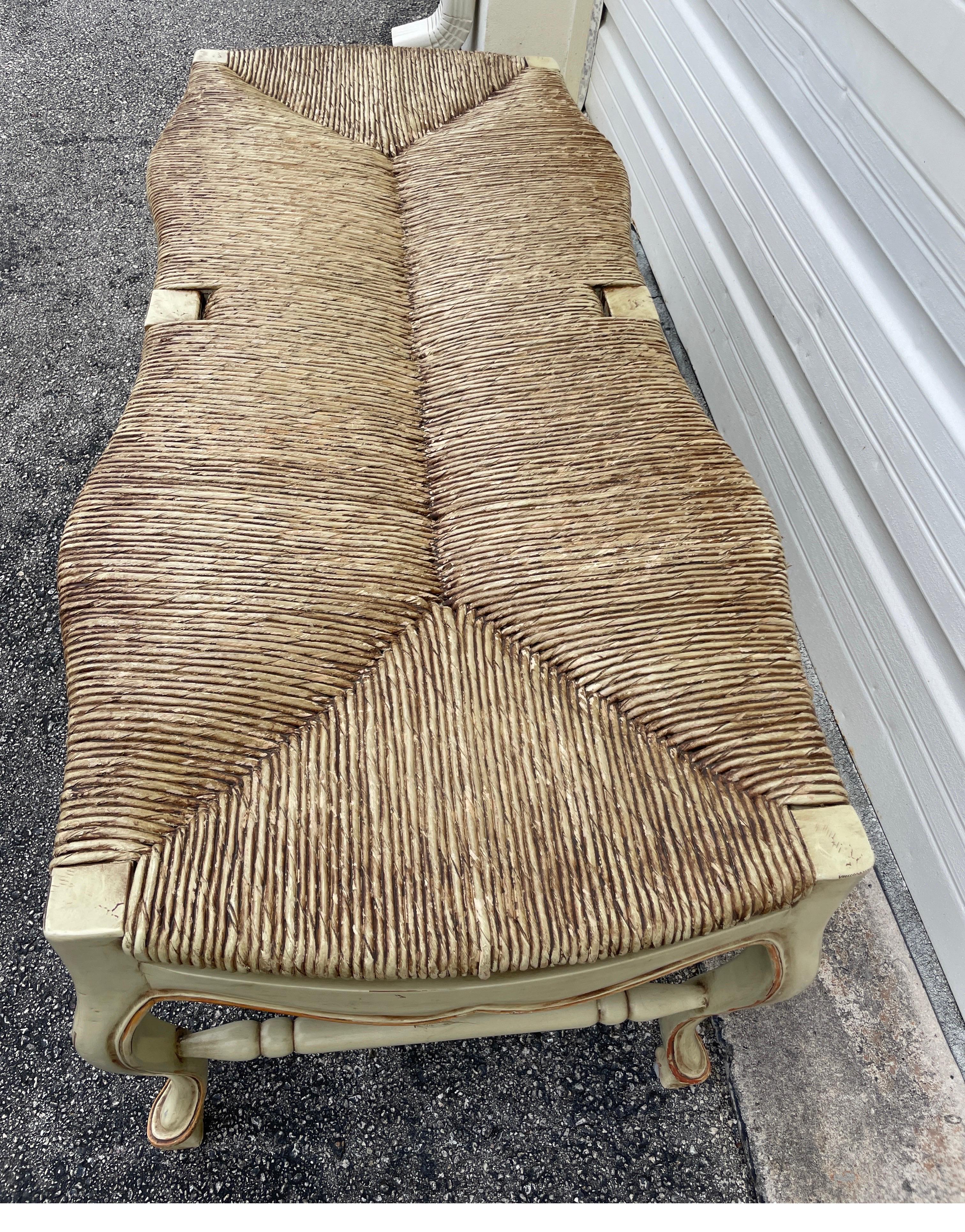 20th Century Country French Painted Rush Seat Bench For Sale