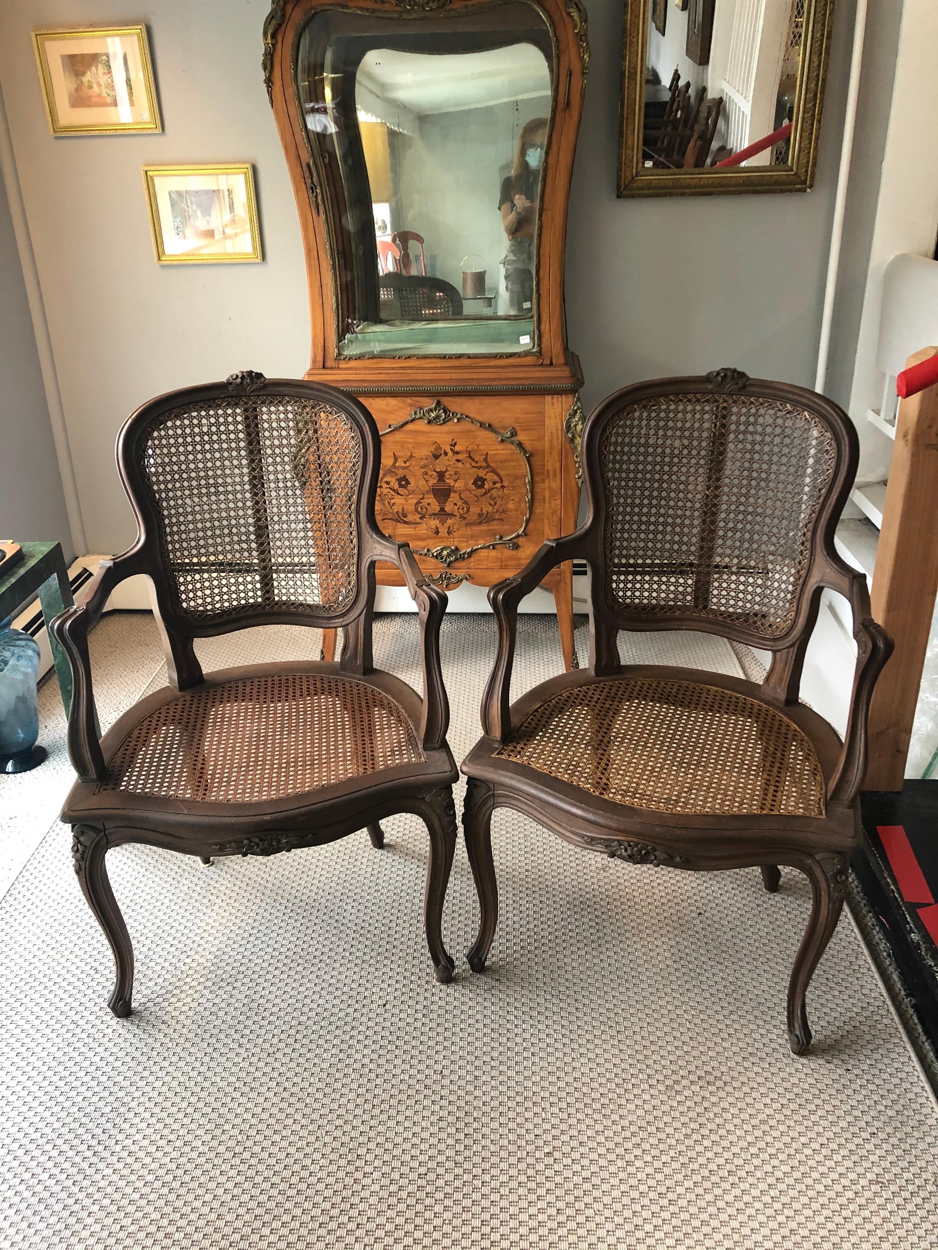 Country French Pair of Carved Walnut and Caned Armchairs 6