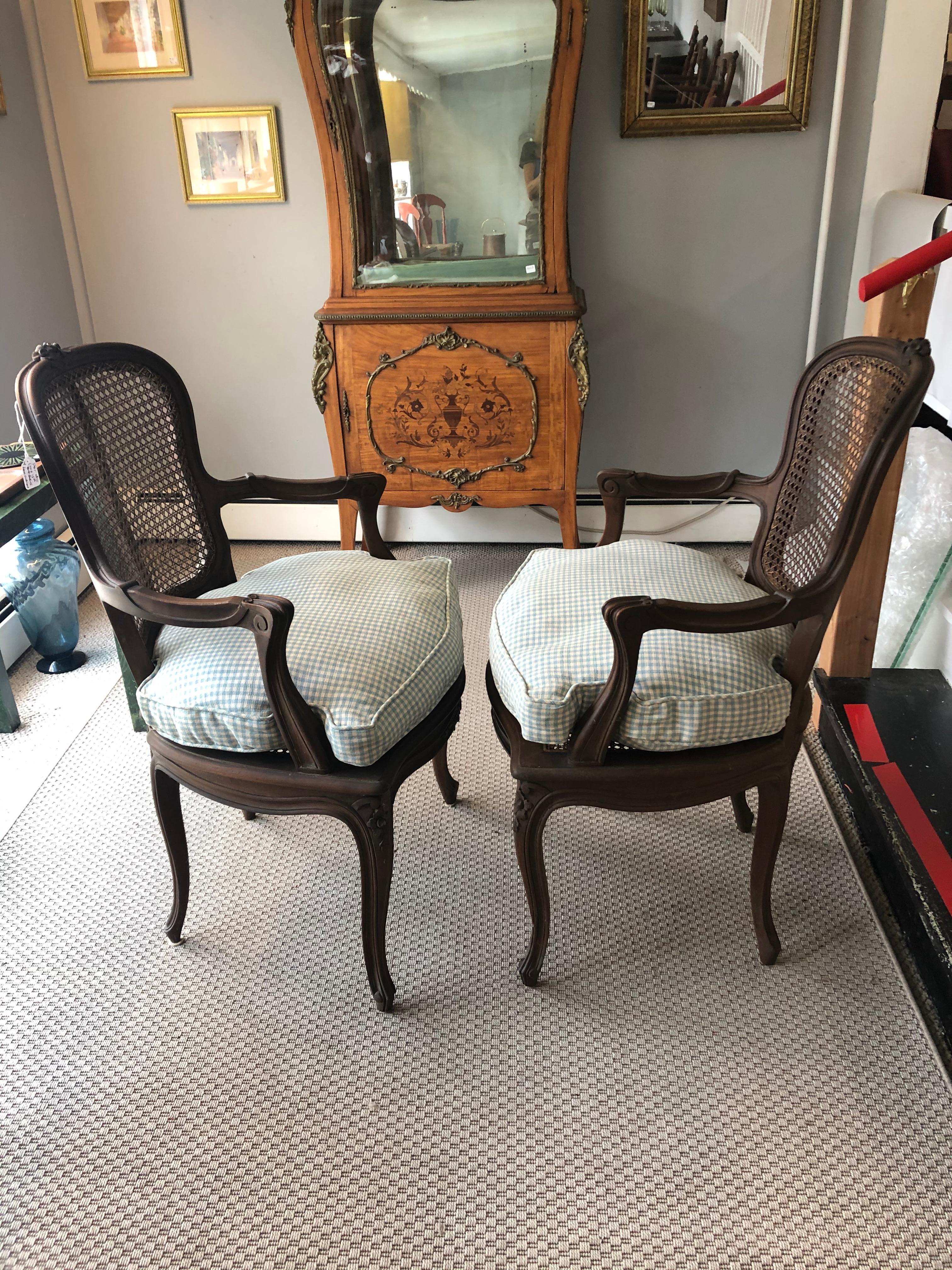 Louis XIV Country French Pair of Carved Walnut and Caned Armchairs