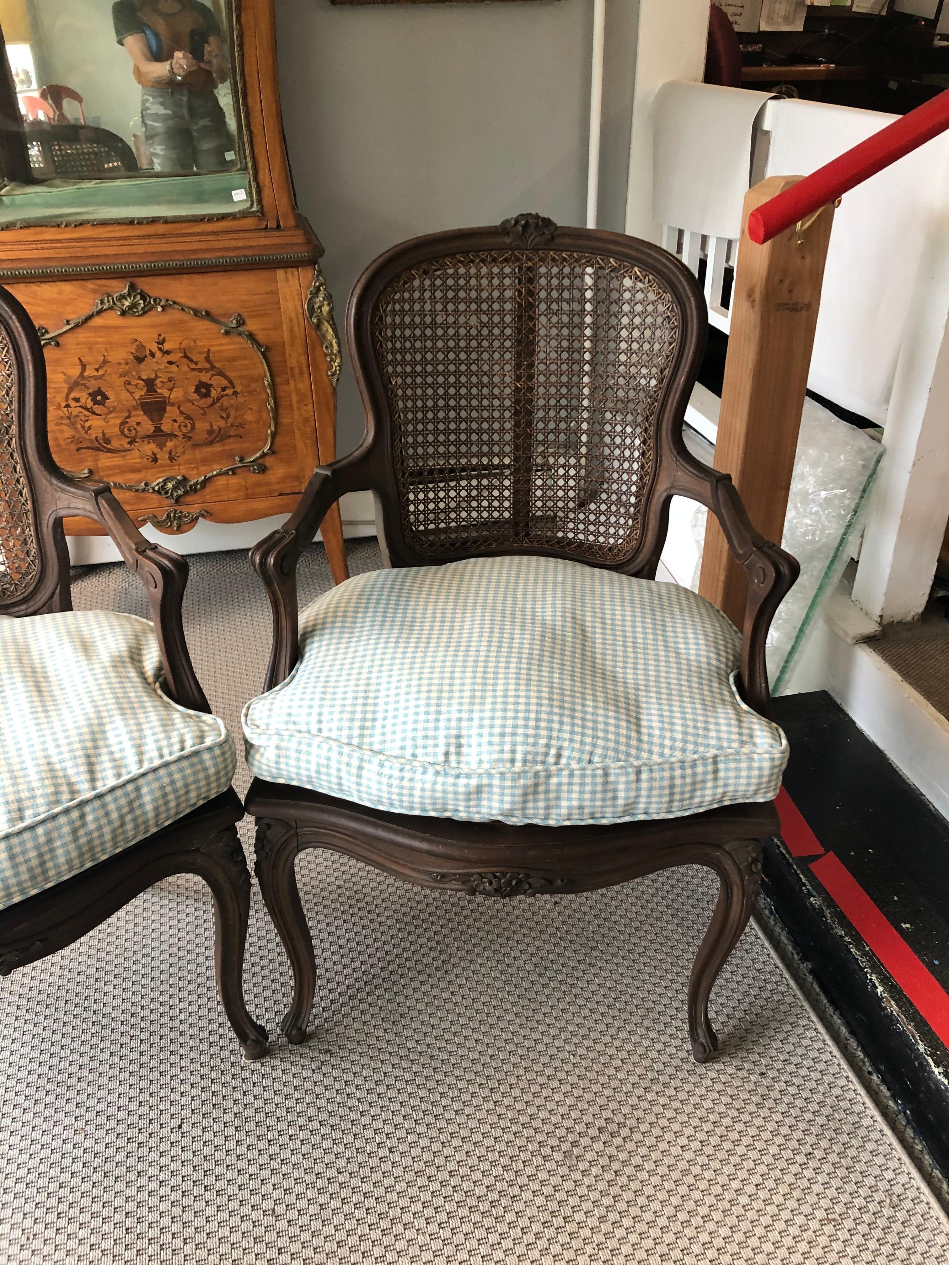 Country French Pair of Carved Walnut and Caned Armchairs In Good Condition In Hopewell, NJ