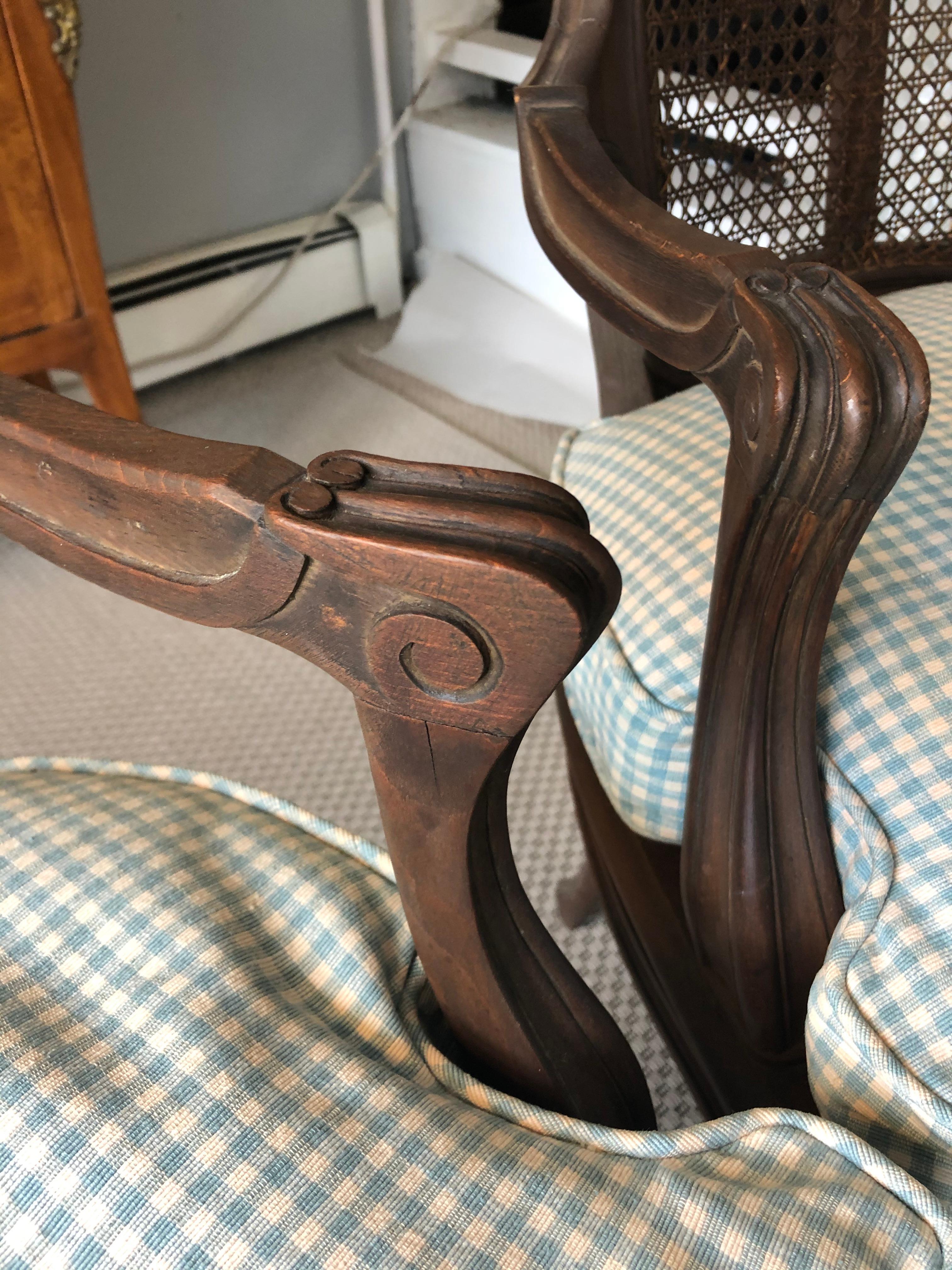 Country French Pair of Carved Walnut and Caned Armchairs 1