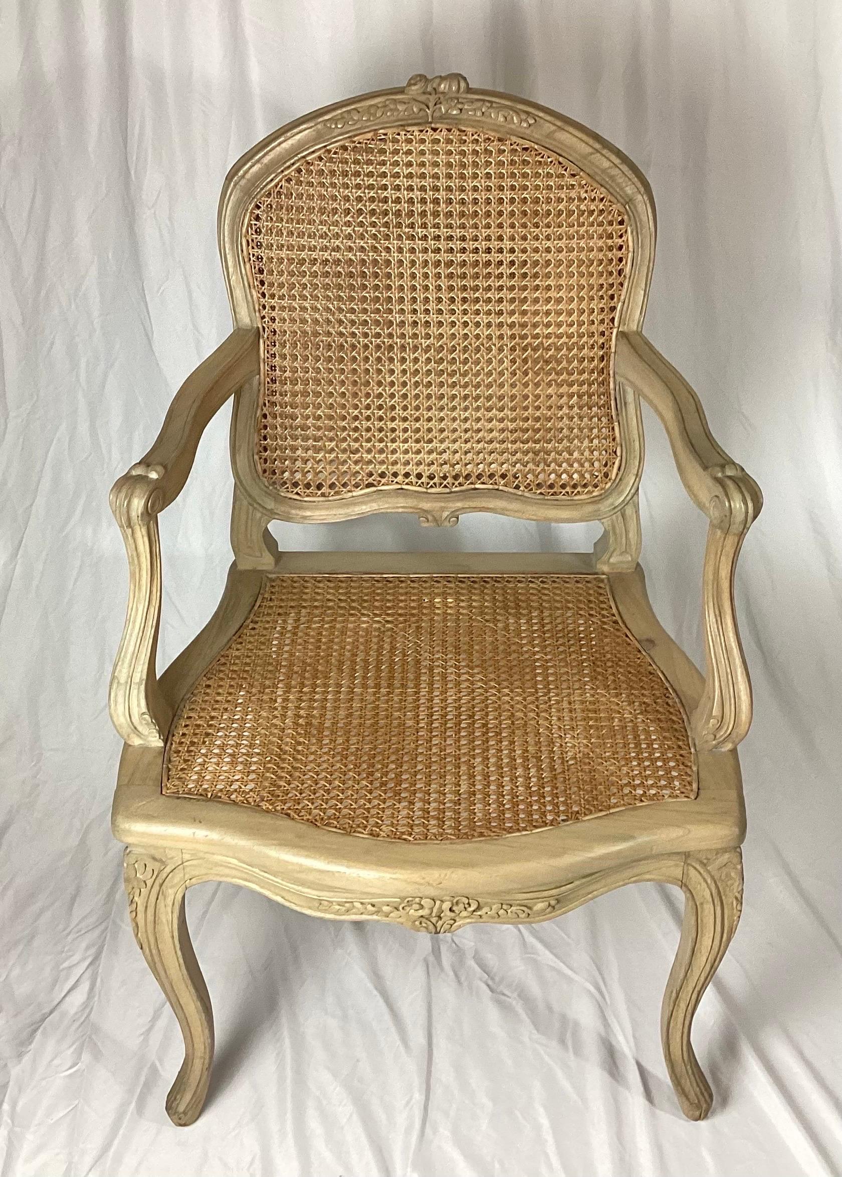 Country French Pickled Pine Double Caned Armchair by Furniture Classic Norfolk VA. Nice double caning. Perfect for a bedroom or extra seating.