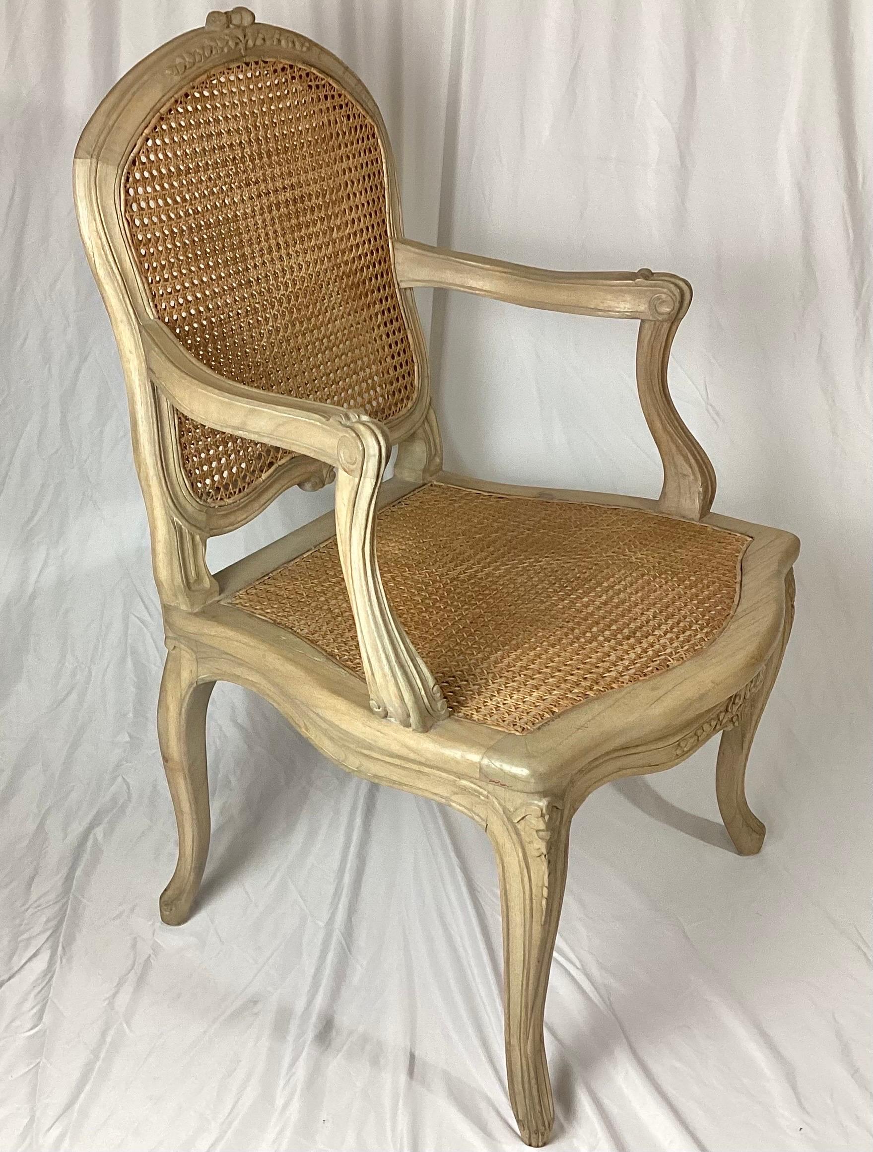 French Provincial Country French Pickled Pine Double Caned Armchair For Sale