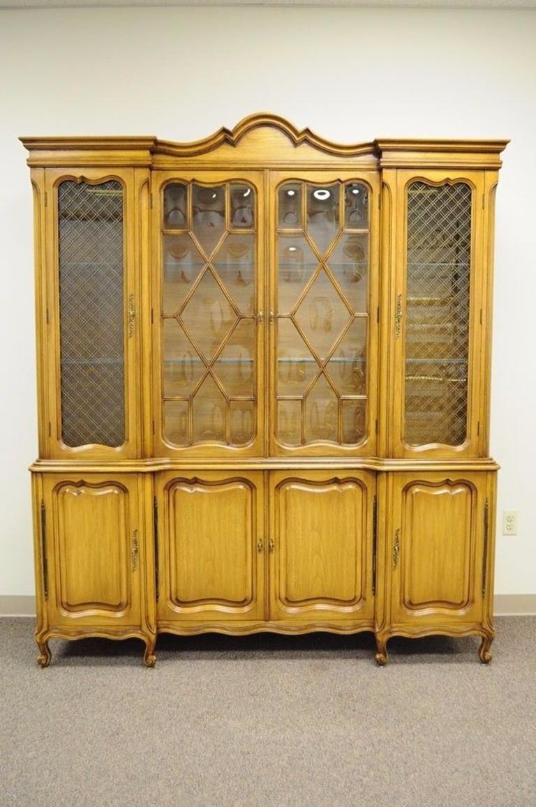 Country French Provincial Breakfront China Cabinet Walnut Fruitwood Bubble Glass 4