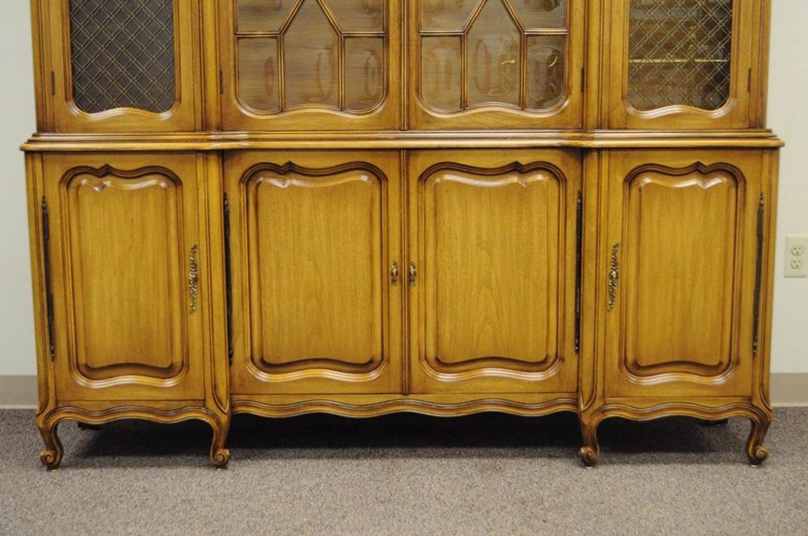 20th Century Country French Provincial Breakfront China Cabinet Walnut Fruitwood Bubble Glass