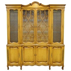 Country French Provincial Breakfront China Cabinet Walnut Fruitwood Bubble Glass