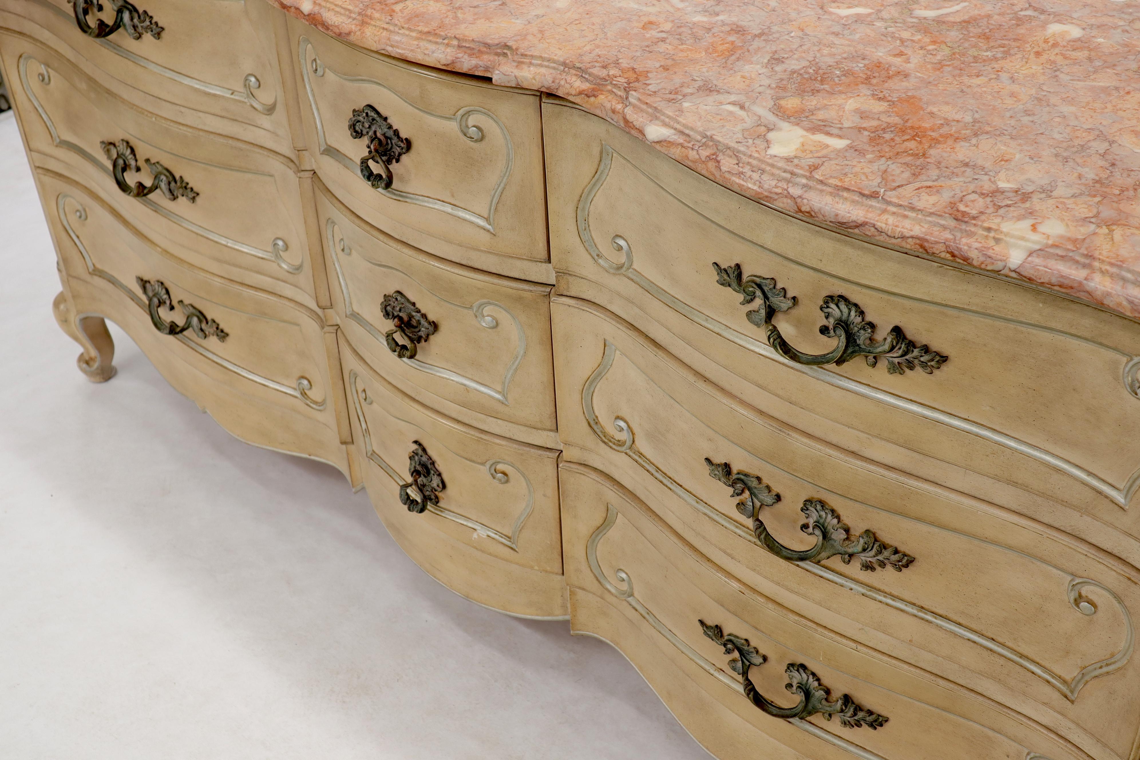 20th Century Country French Provincial Nine Drawers Marble-Top Dresser