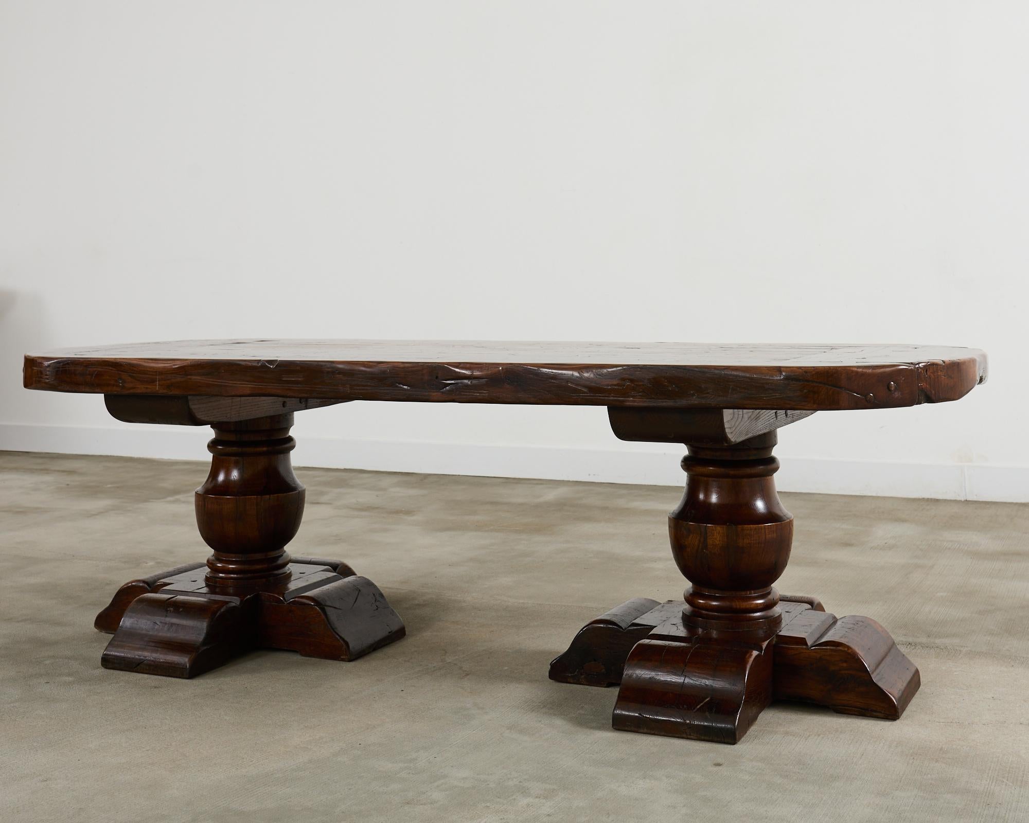 20th Century Country French Provincial Oak Farmhouse Double Pedestal Dining Table For Sale