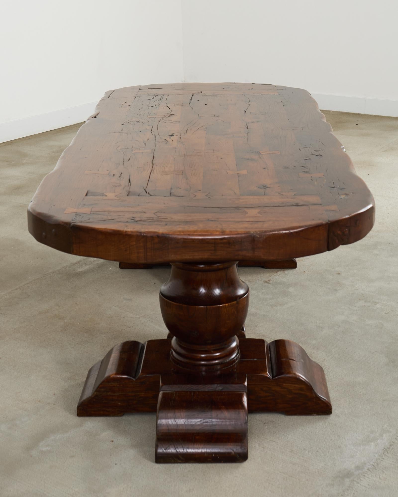 Country French Provincial Oak Farmhouse Double Pedestal Dining Table For Sale 10