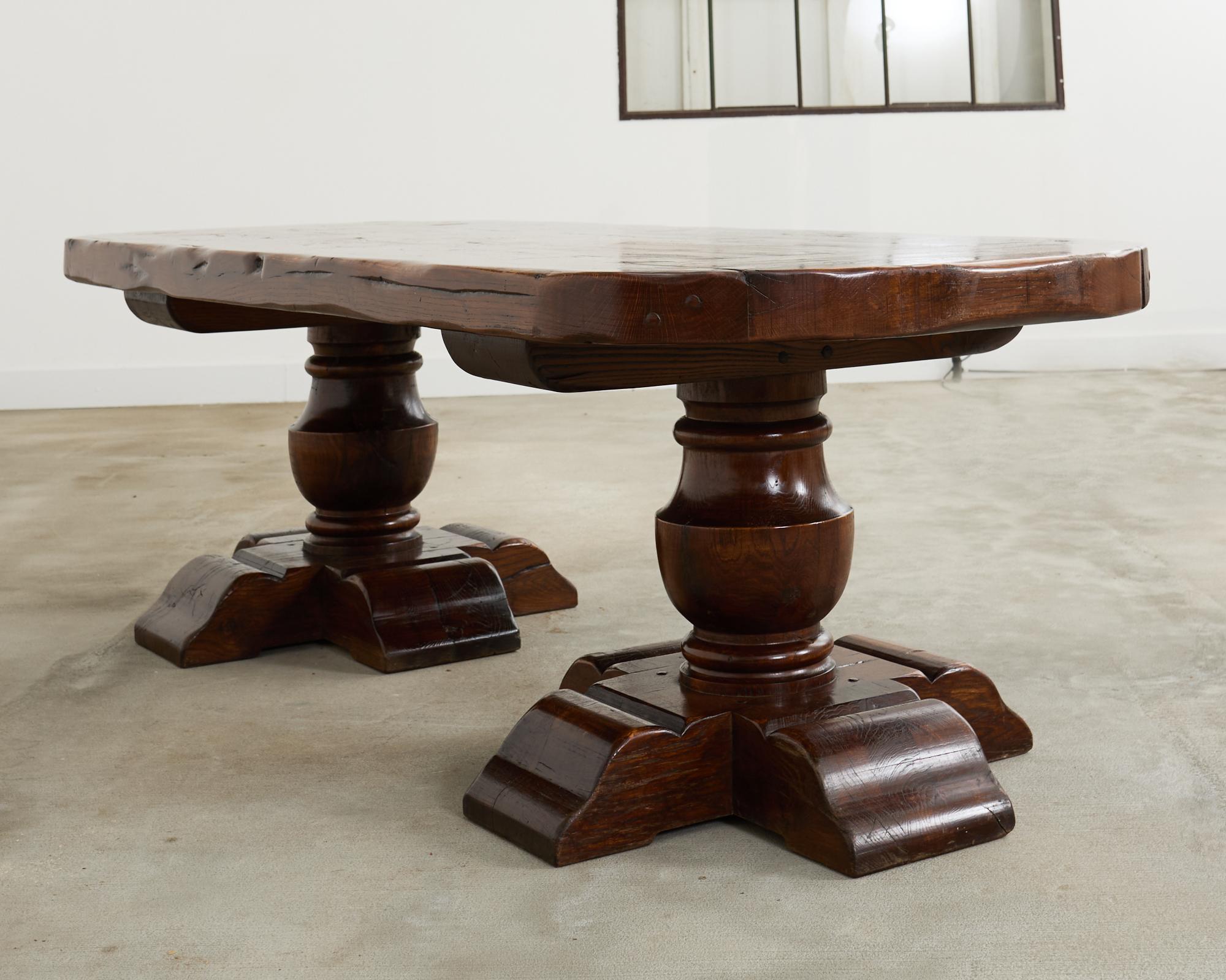 Country French Provincial Oak Farmhouse Double Pedestal Dining Table For Sale 15