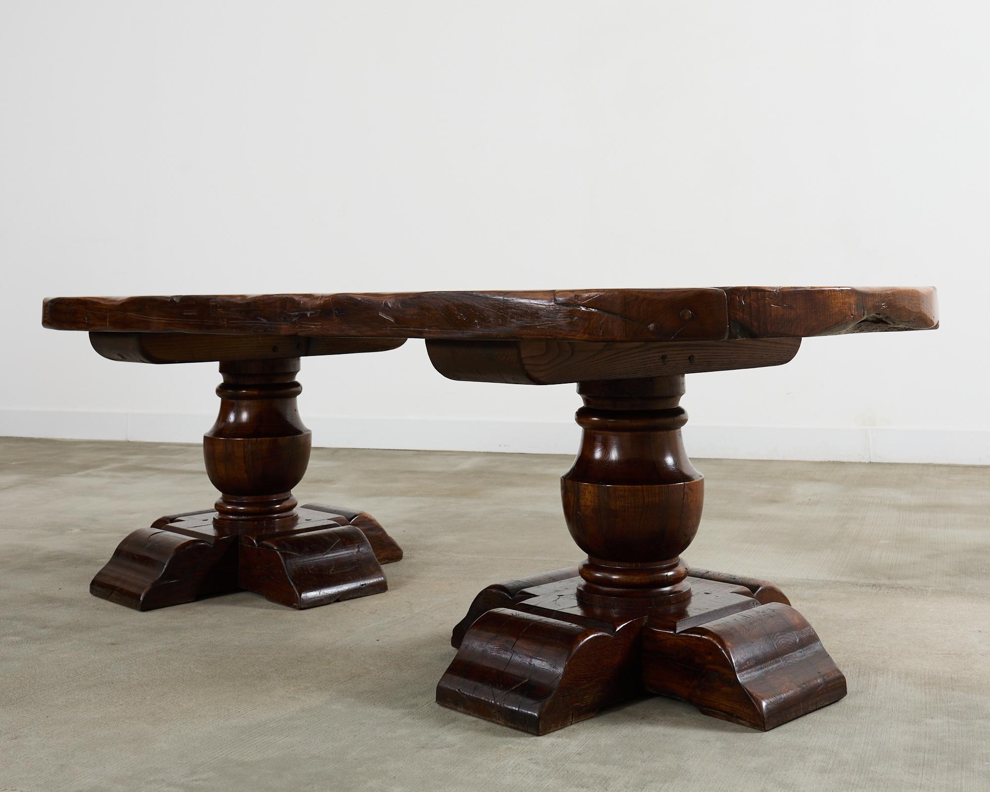 Hand-Crafted Country French Provincial Oak Farmhouse Double Pedestal Dining Table For Sale