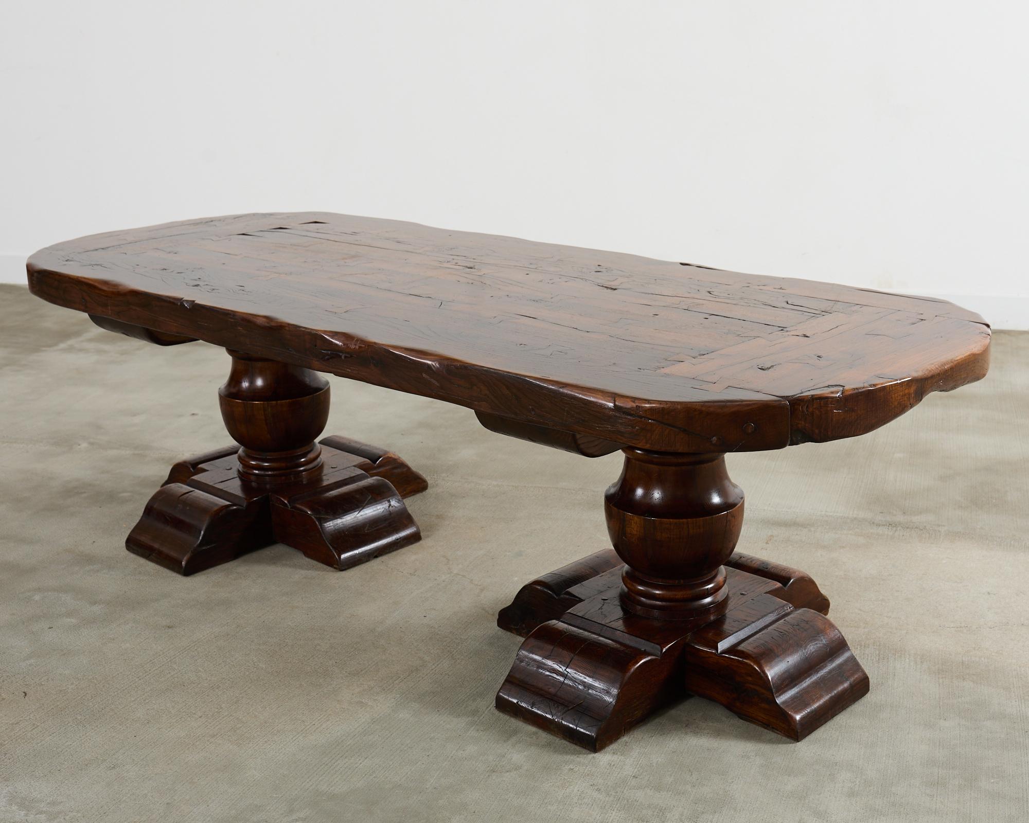 Country French Provincial Oak Farmhouse Double Pedestal Dining Table For Sale 1