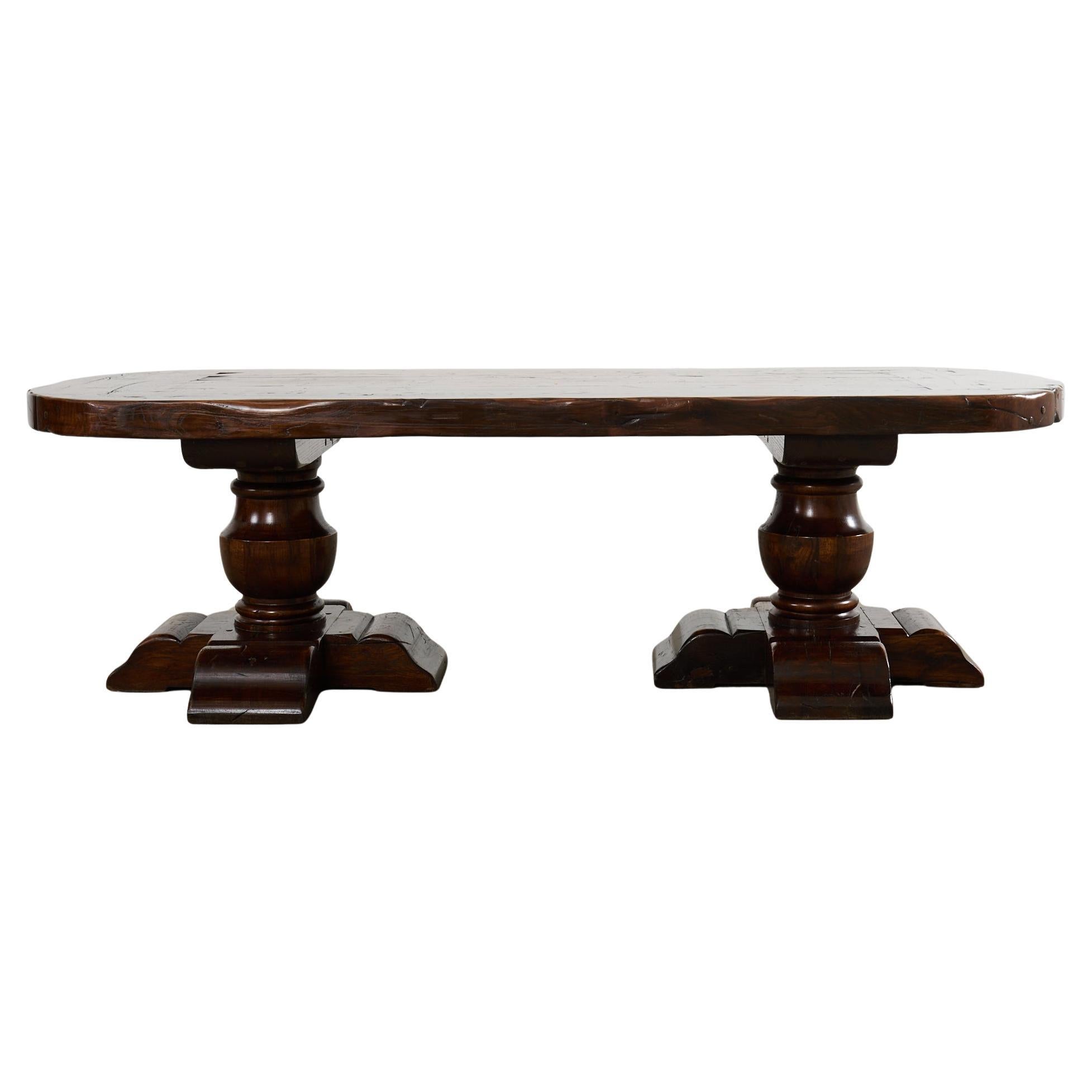 Country French Provincial Oak Farmhouse Double Pedestal Dining Table