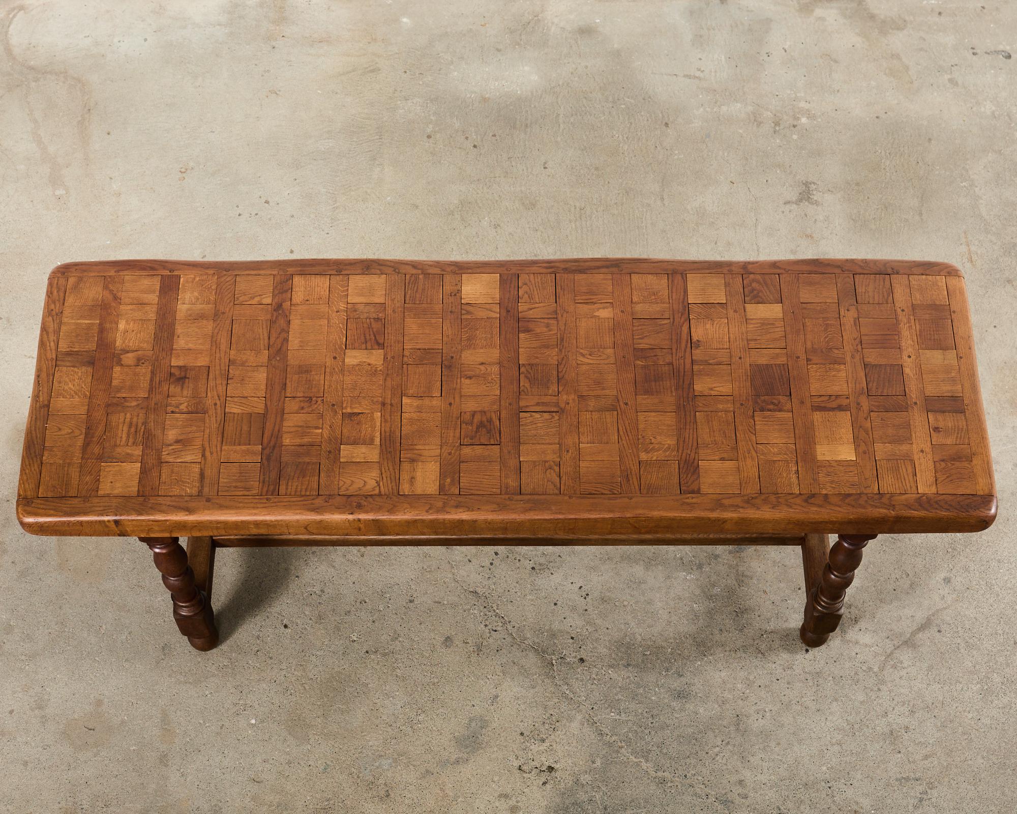 Country French Provincial Oak Farmhouse Parquetry Dining Table  In Good Condition For Sale In Rio Vista, CA