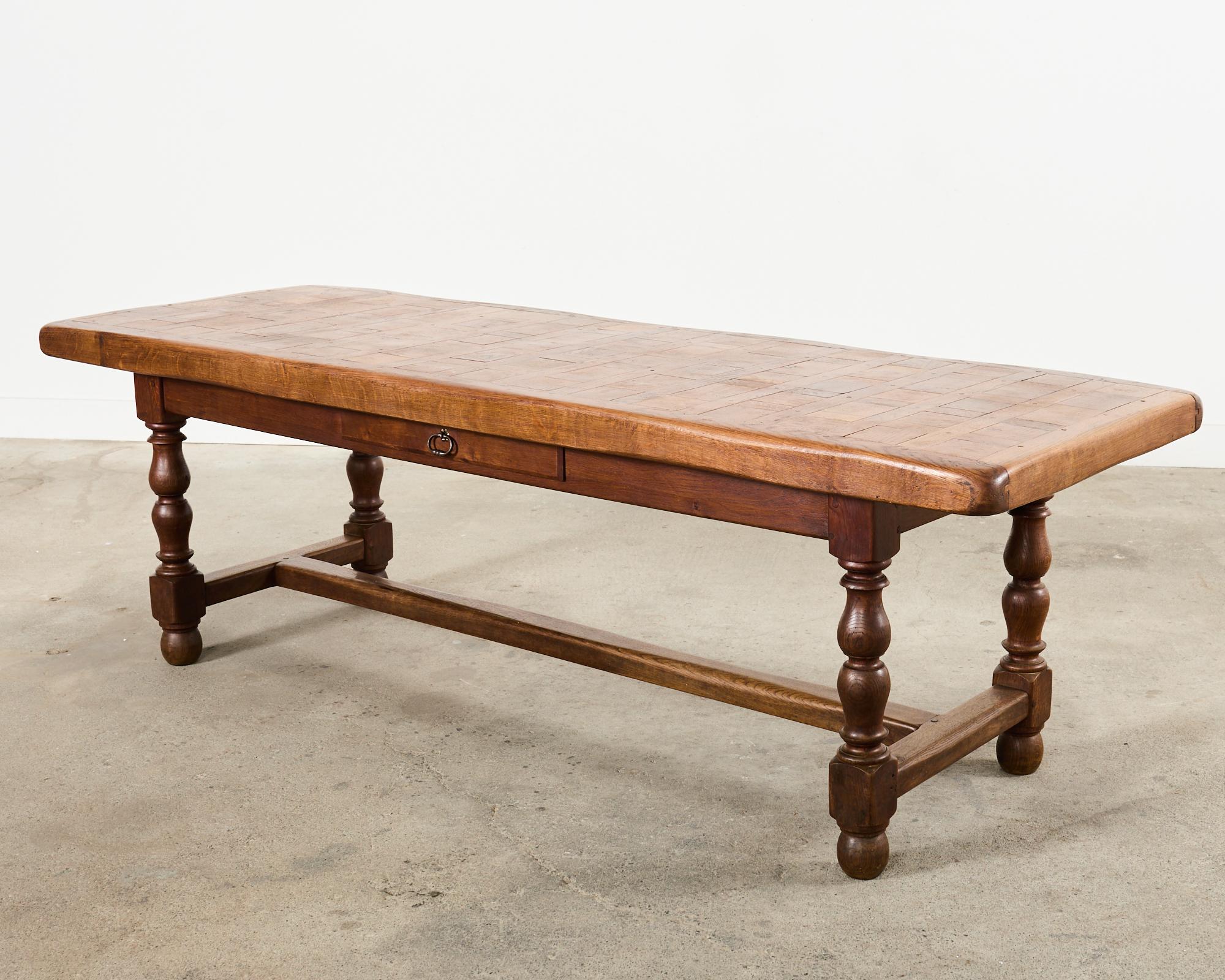 Iron Country French Provincial Oak Farmhouse Parquetry Dining Table  For Sale