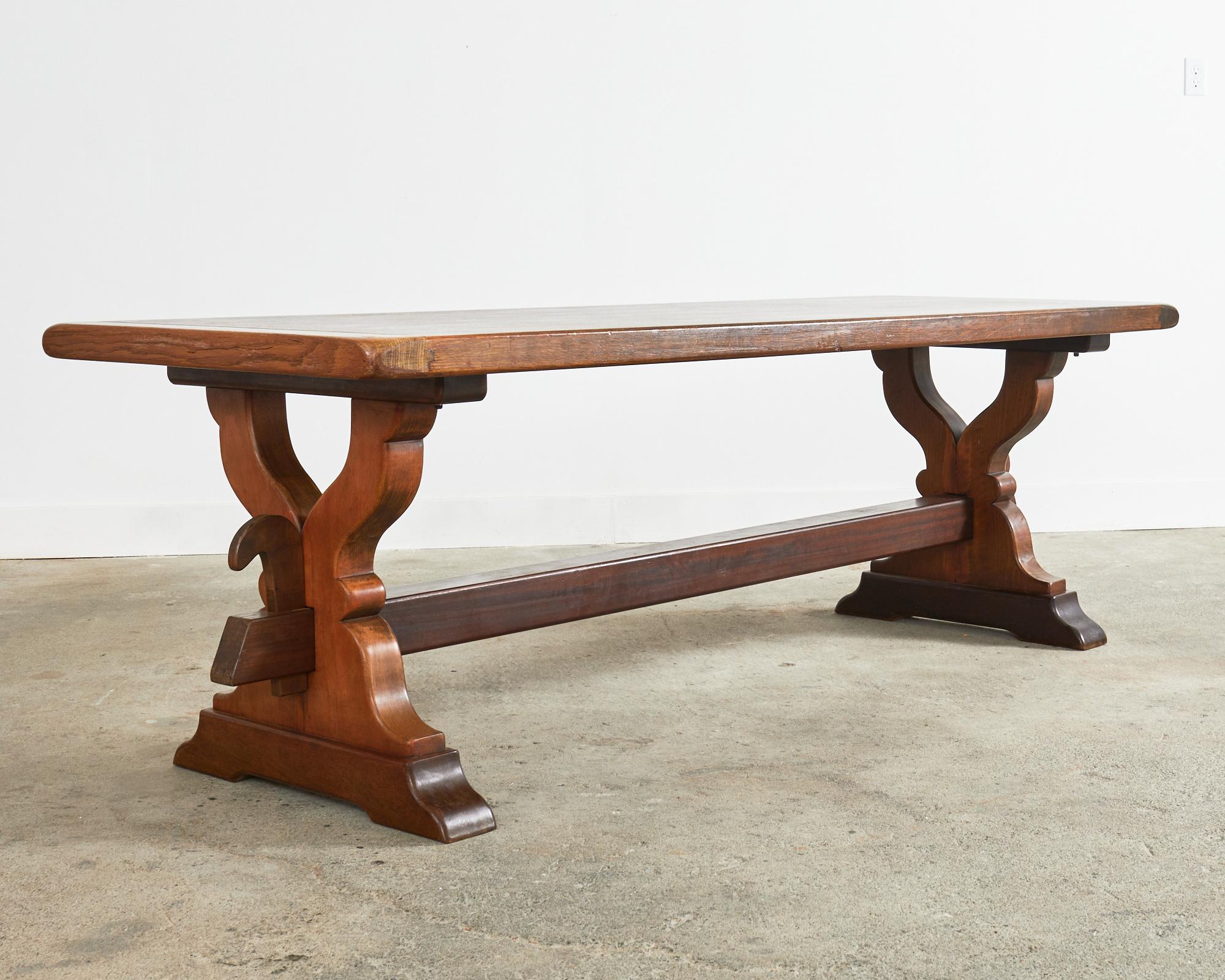 Country French Provincial Oak Farmhouse Trestle Dining Table For Sale 5