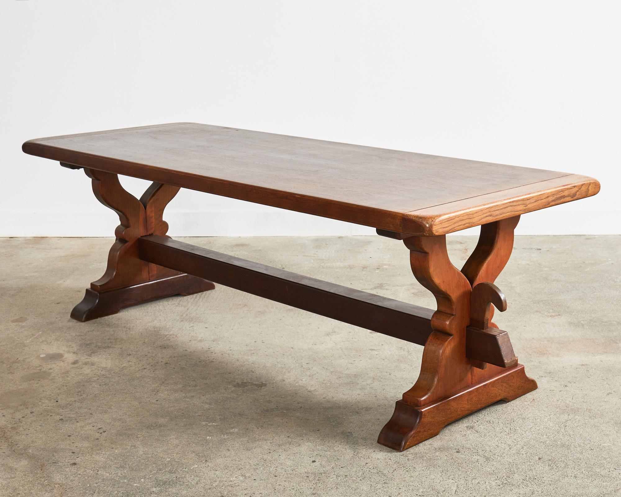 Country French Provincial Oak Farmhouse Trestle Dining Table For Sale 9