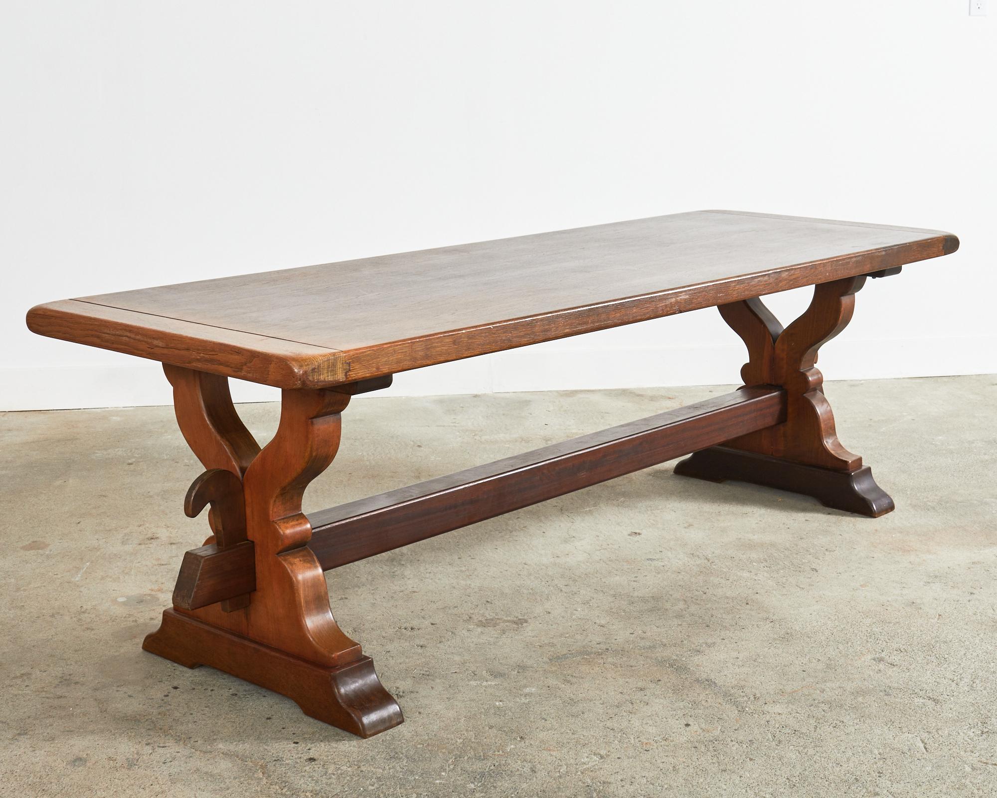 Country French Provincial Oak Farmhouse Trestle Dining Table For Sale 14
