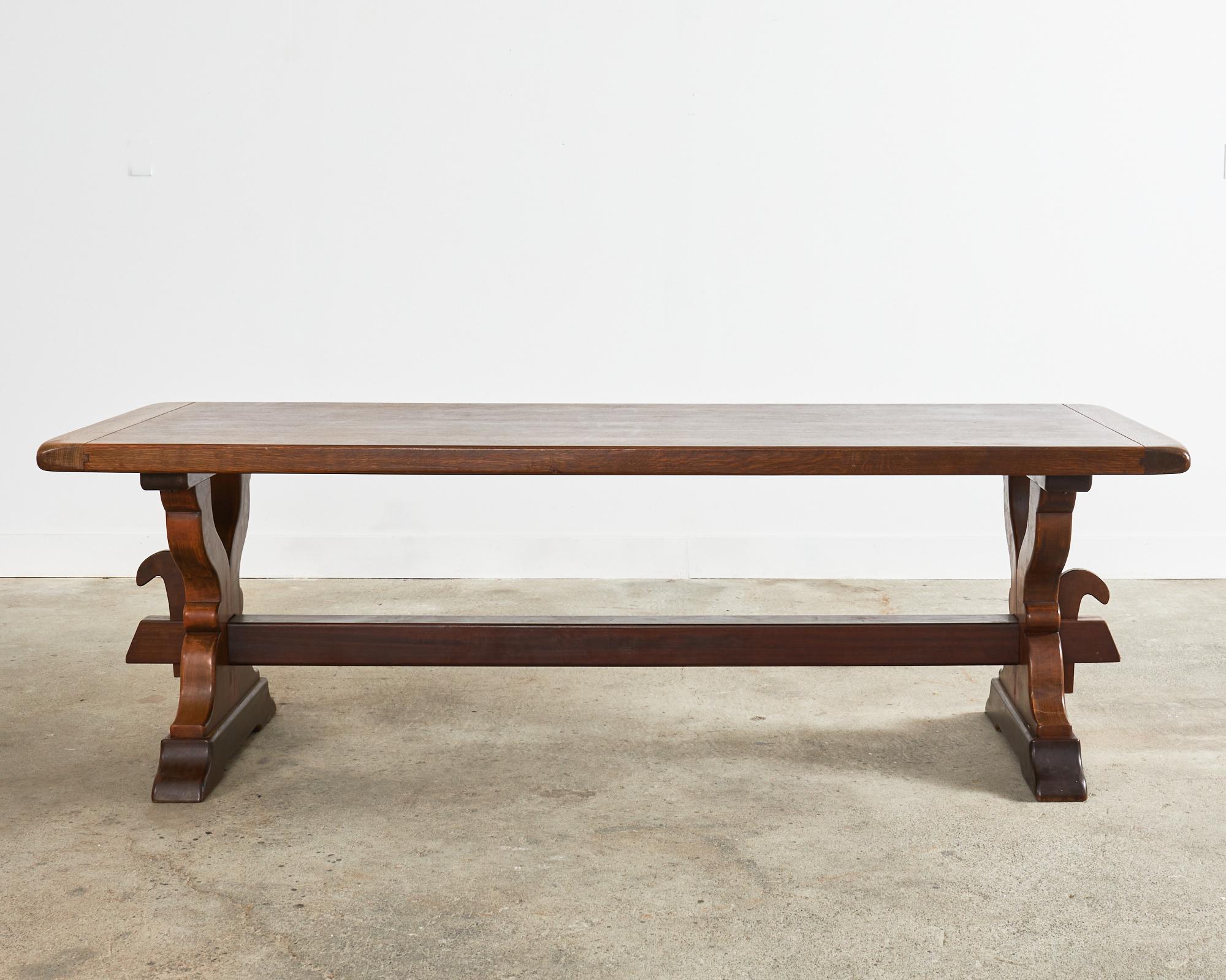 Hand-Crafted Country French Provincial Oak Farmhouse Trestle Dining Table For Sale