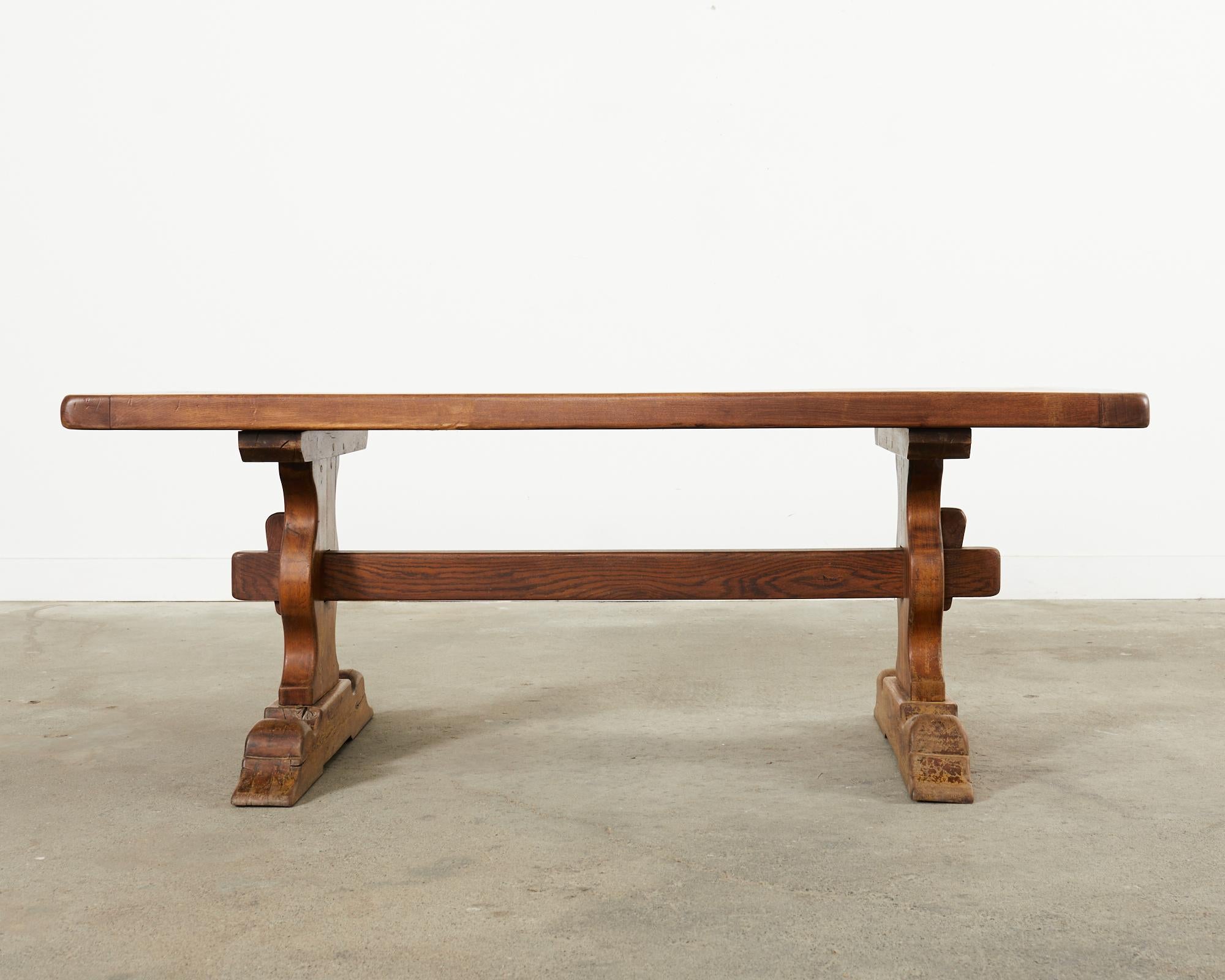 Country French Provincial Oak Farmhouse Trestle Dining Table In Good Condition In Rio Vista, CA