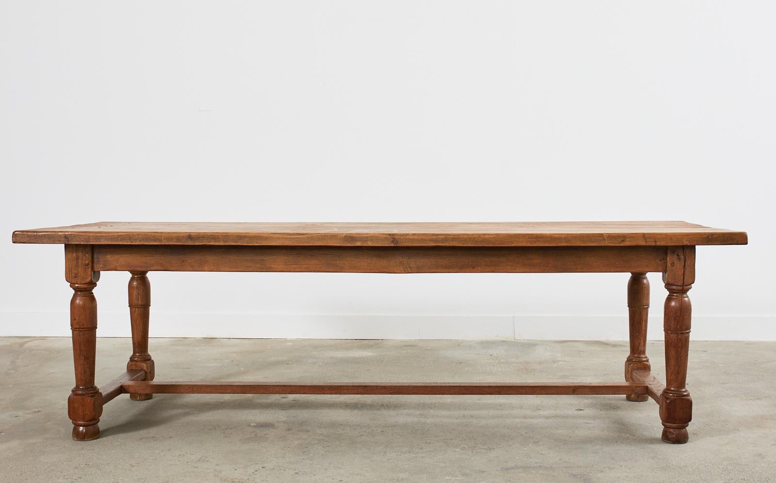 Country French Provincial Oak Farmhouse Trestle Dining Table In Distressed Condition In Rio Vista, CA
