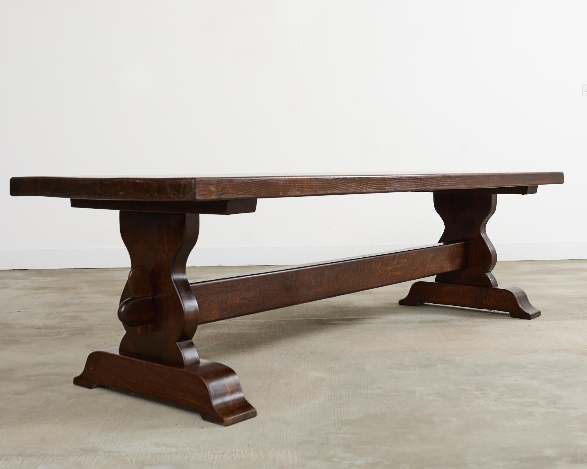 20th Century Country French Provincial Oak Farmhouse Trestle Dining Table