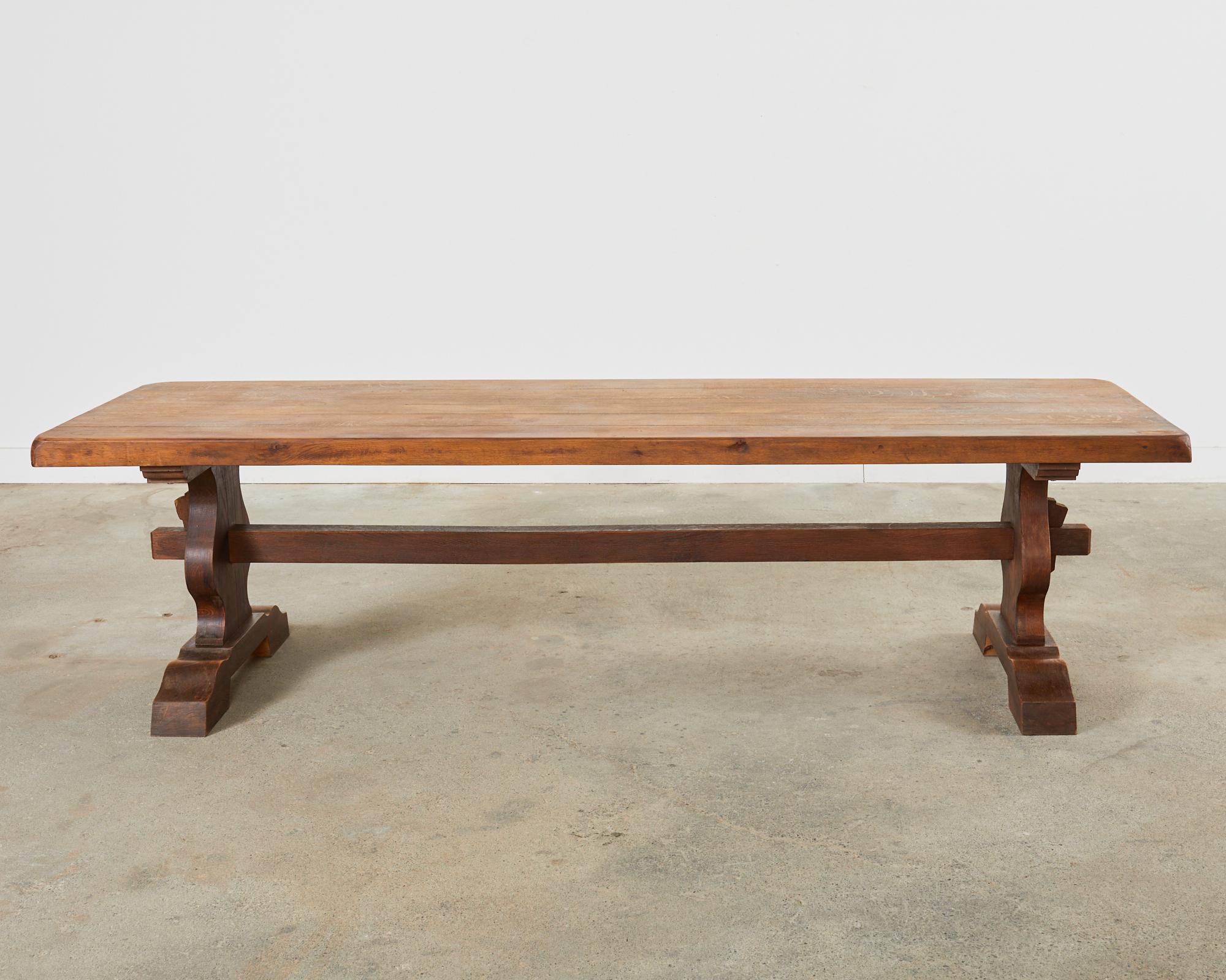 Country French Provincial Oak Farmhouse Trestle Dining Table For Sale 2