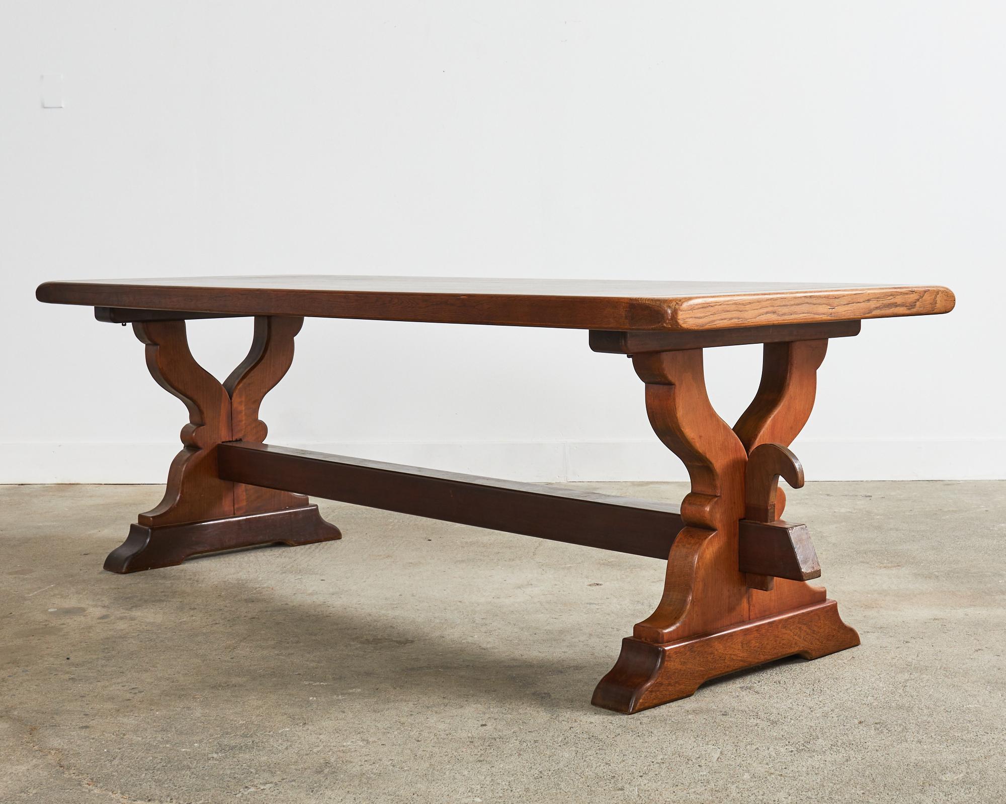 Country French Provincial Oak Farmhouse Trestle Dining Table For Sale 3