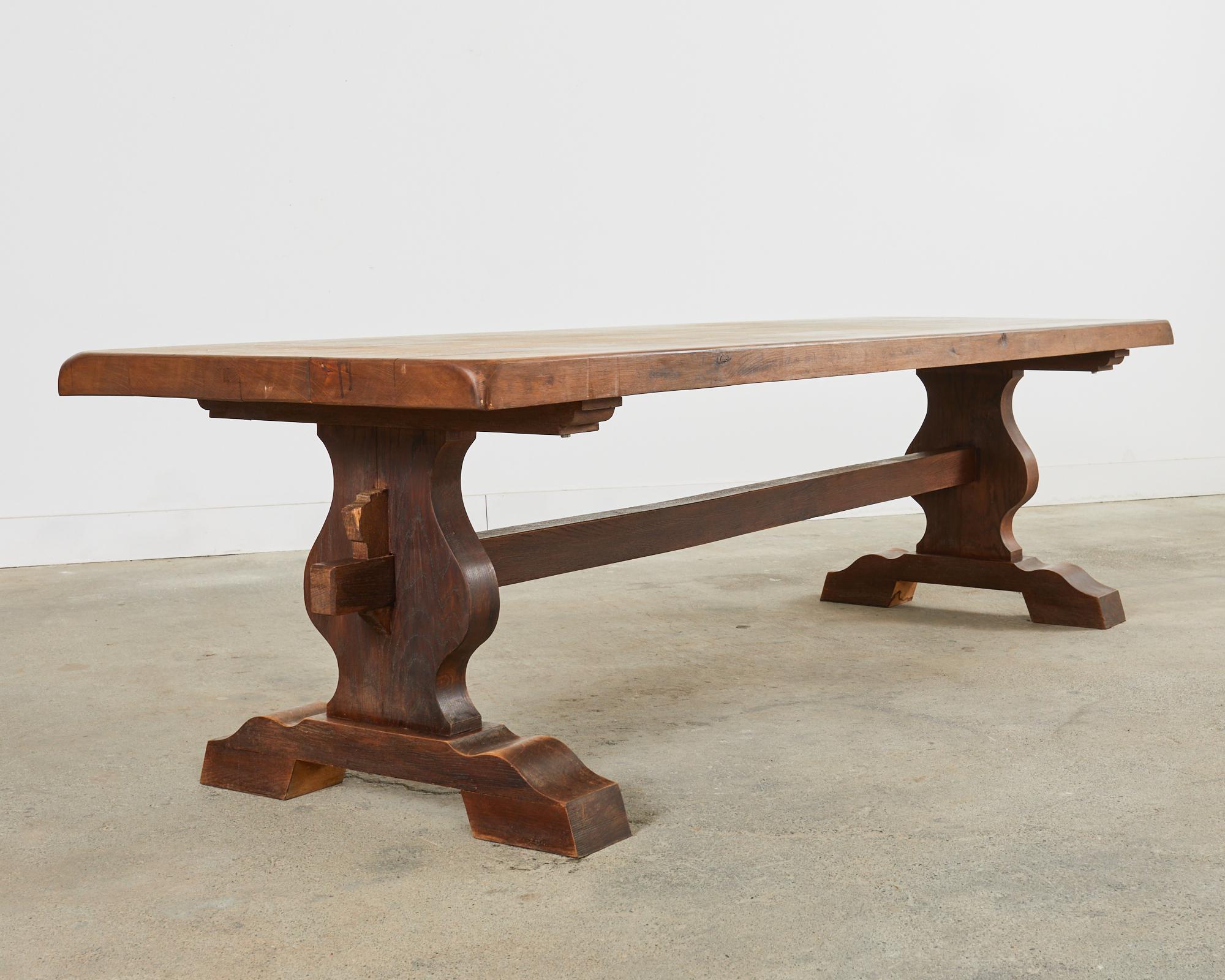 Country French Provincial Oak Farmhouse Trestle Dining Table For Sale 4