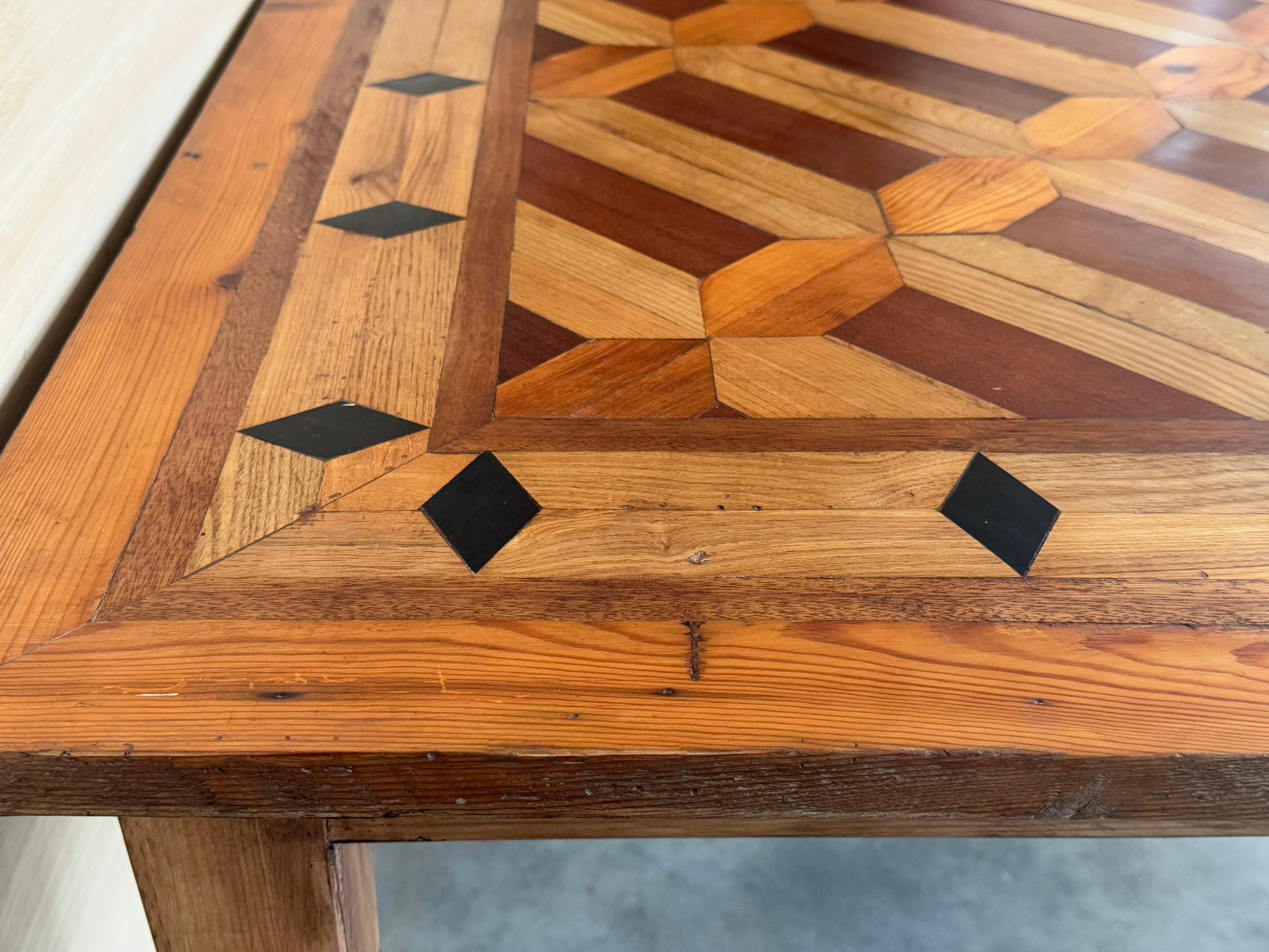 Country French Provincial Style Oak Farmhouse Dining Table with Marquetry Top For Sale 8