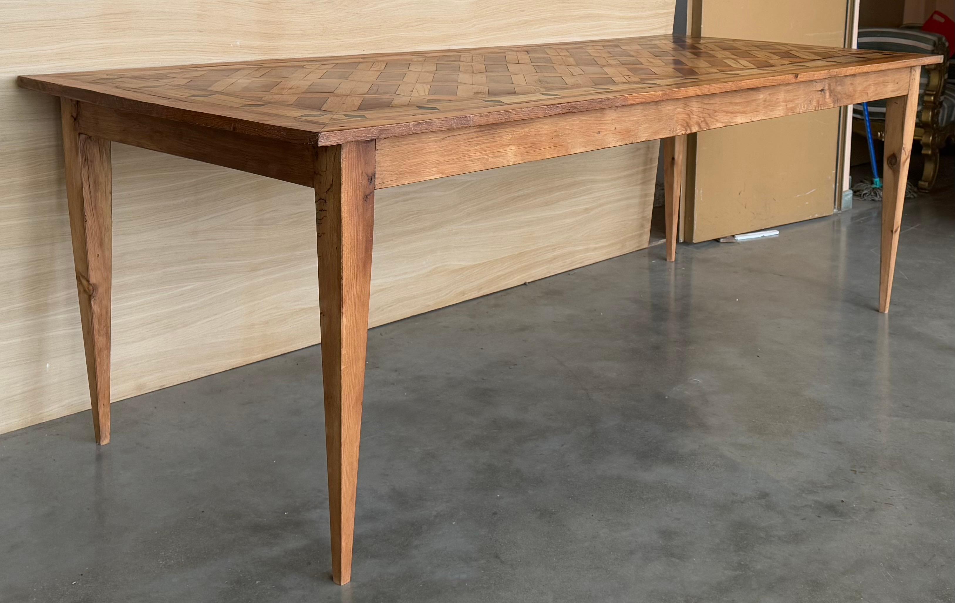 Country French Provincial Style Oak Farmhouse Dining Table with Marquetry Top For Sale 1