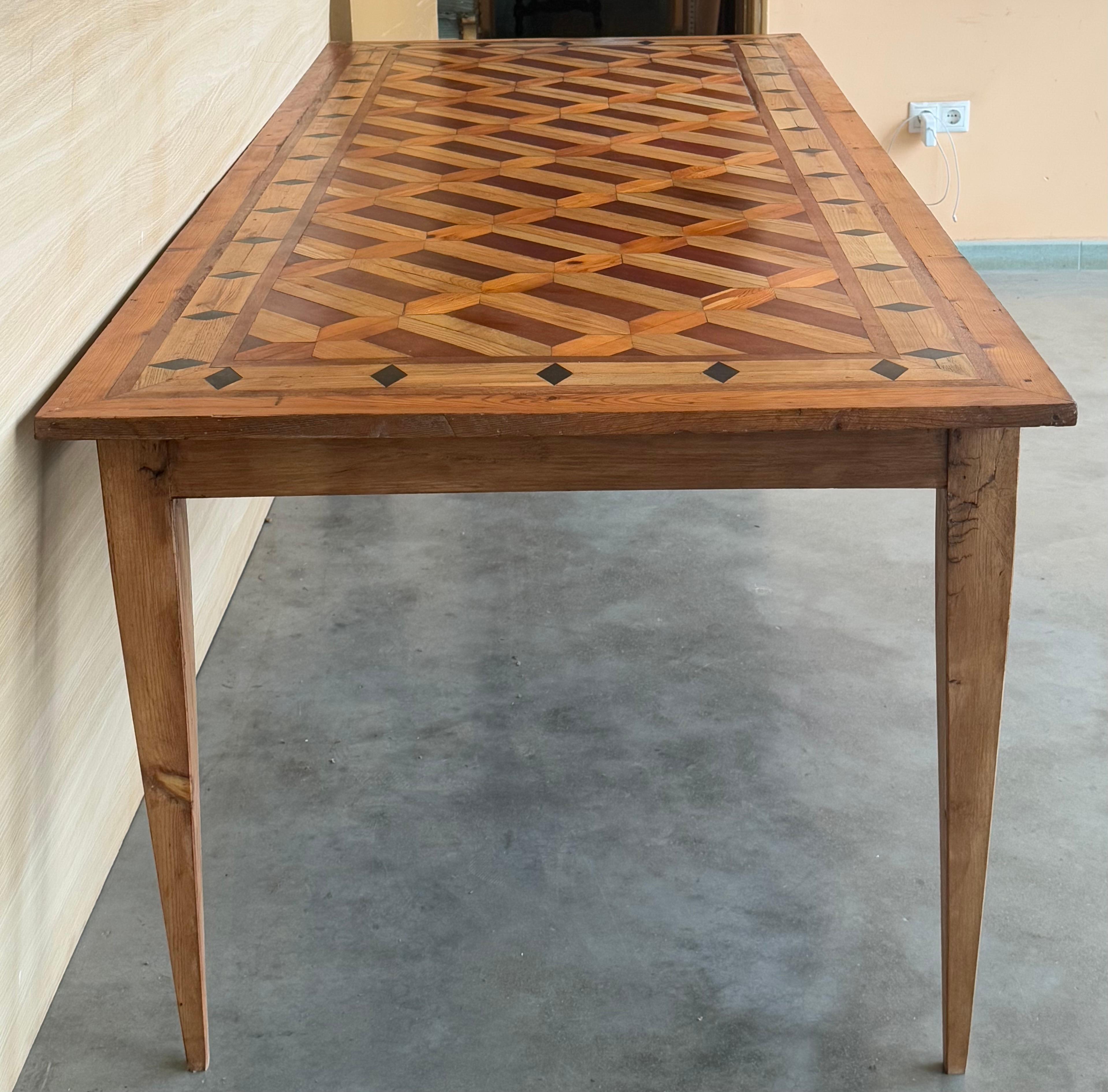 Country French Provincial Style Oak Farmhouse Dining Table with Marquetry Top For Sale 2