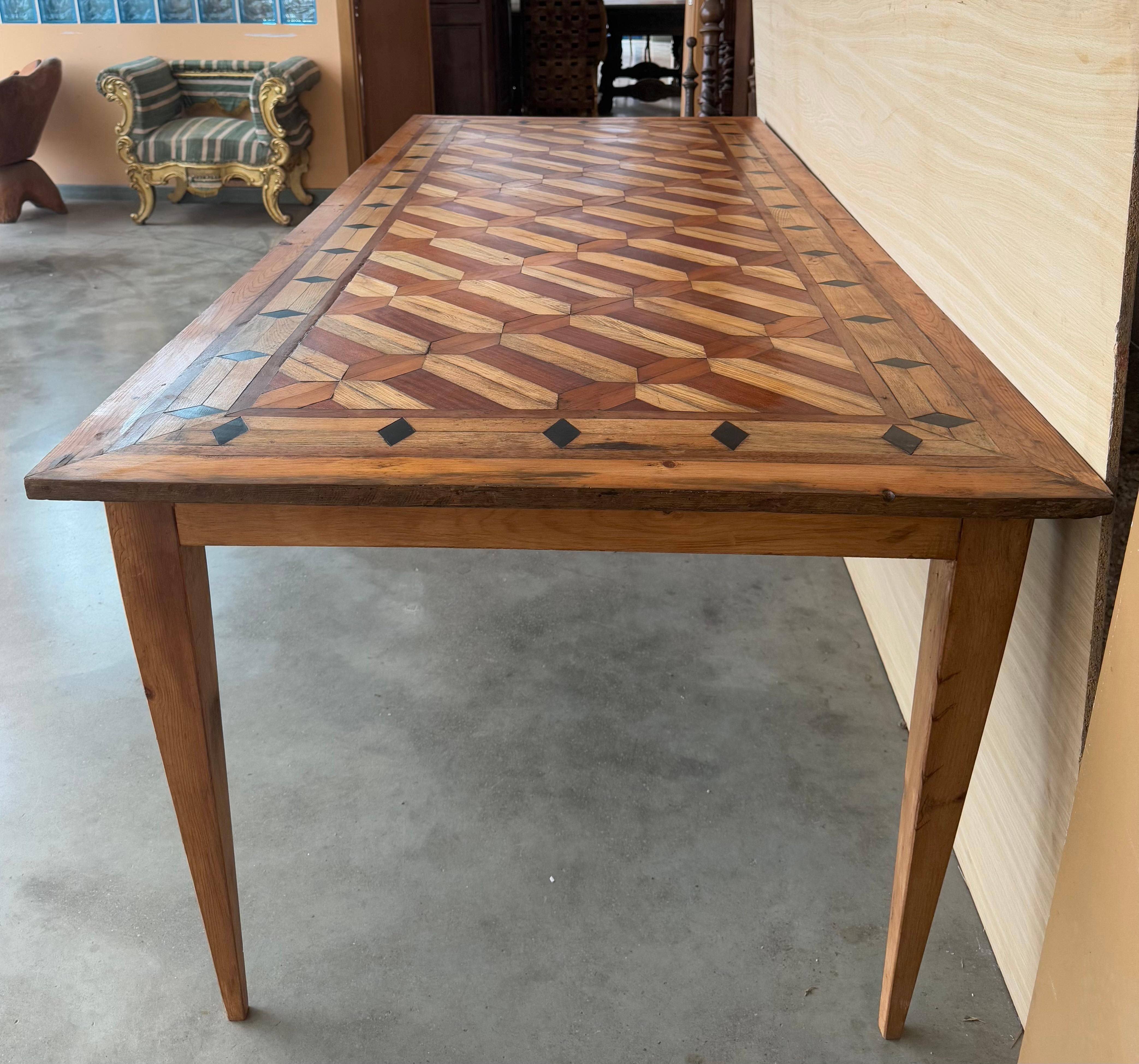Country French Provincial Style Oak Farmhouse Dining Table with Marquetry Top For Sale 3