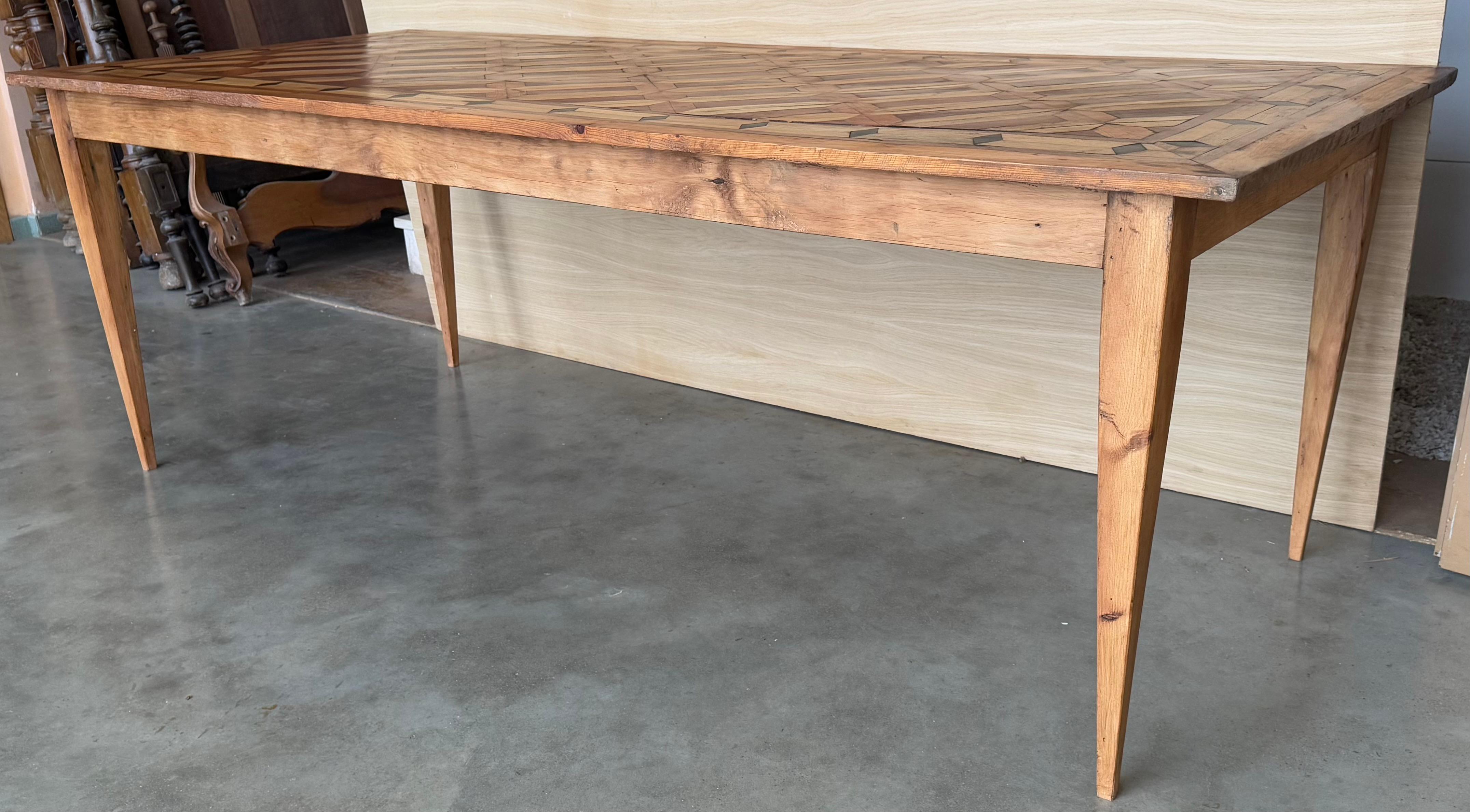 Country French Provincial Style Oak Farmhouse Dining Table with Marquetry Top For Sale 5