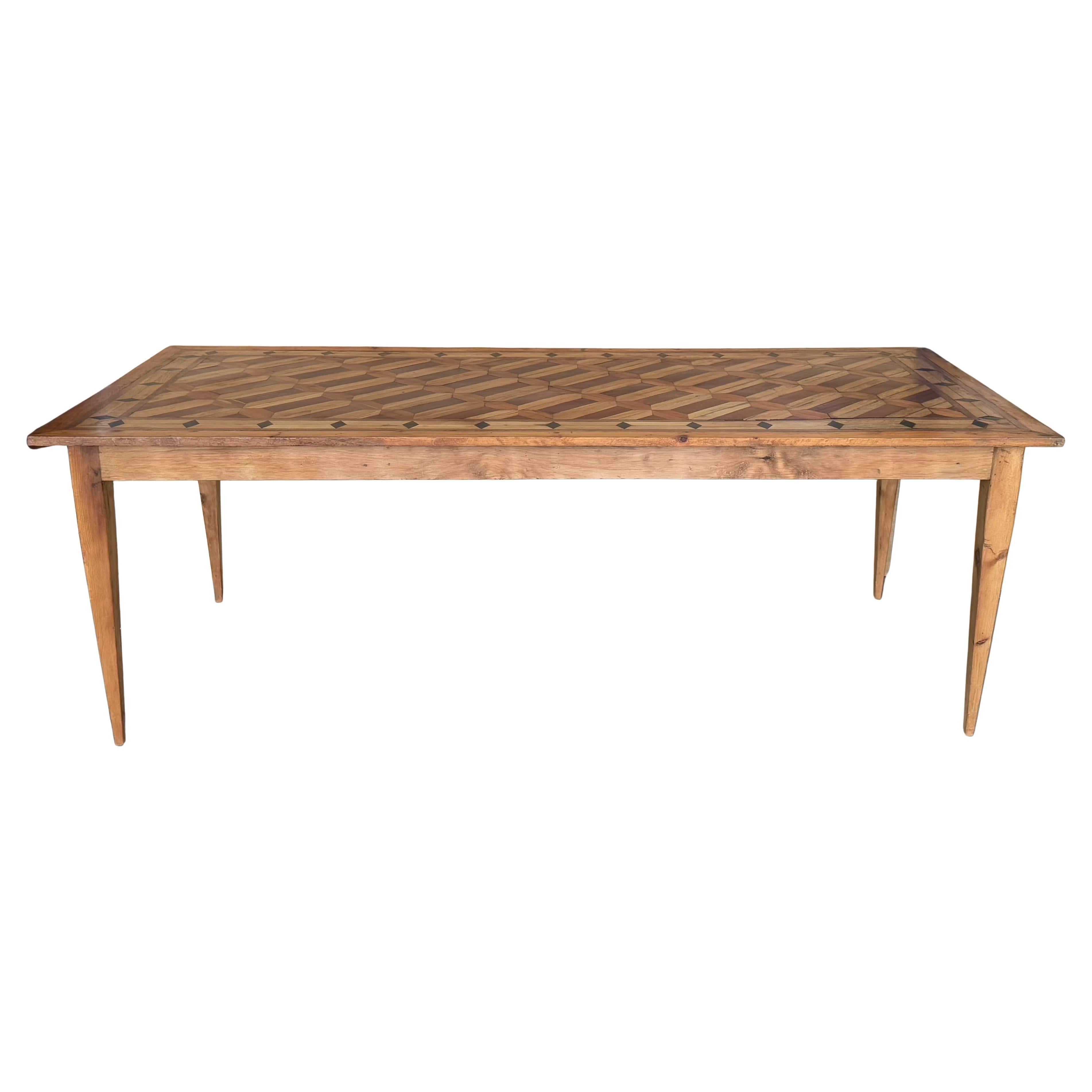Country French Provincial Style Oak Farmhouse Dining Table with Marquetry Top For Sale
