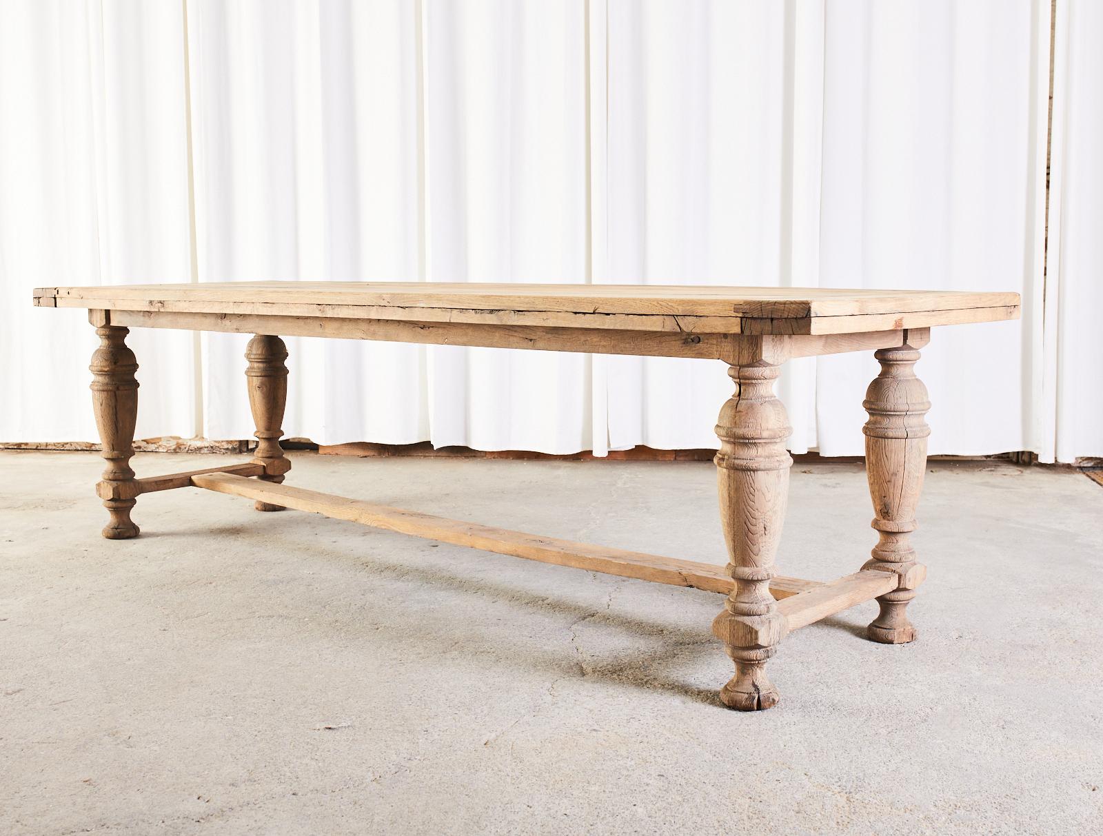 Country French Provincial Style Oak Farmhouse Trestle Dining Table In Distressed Condition In Rio Vista, CA