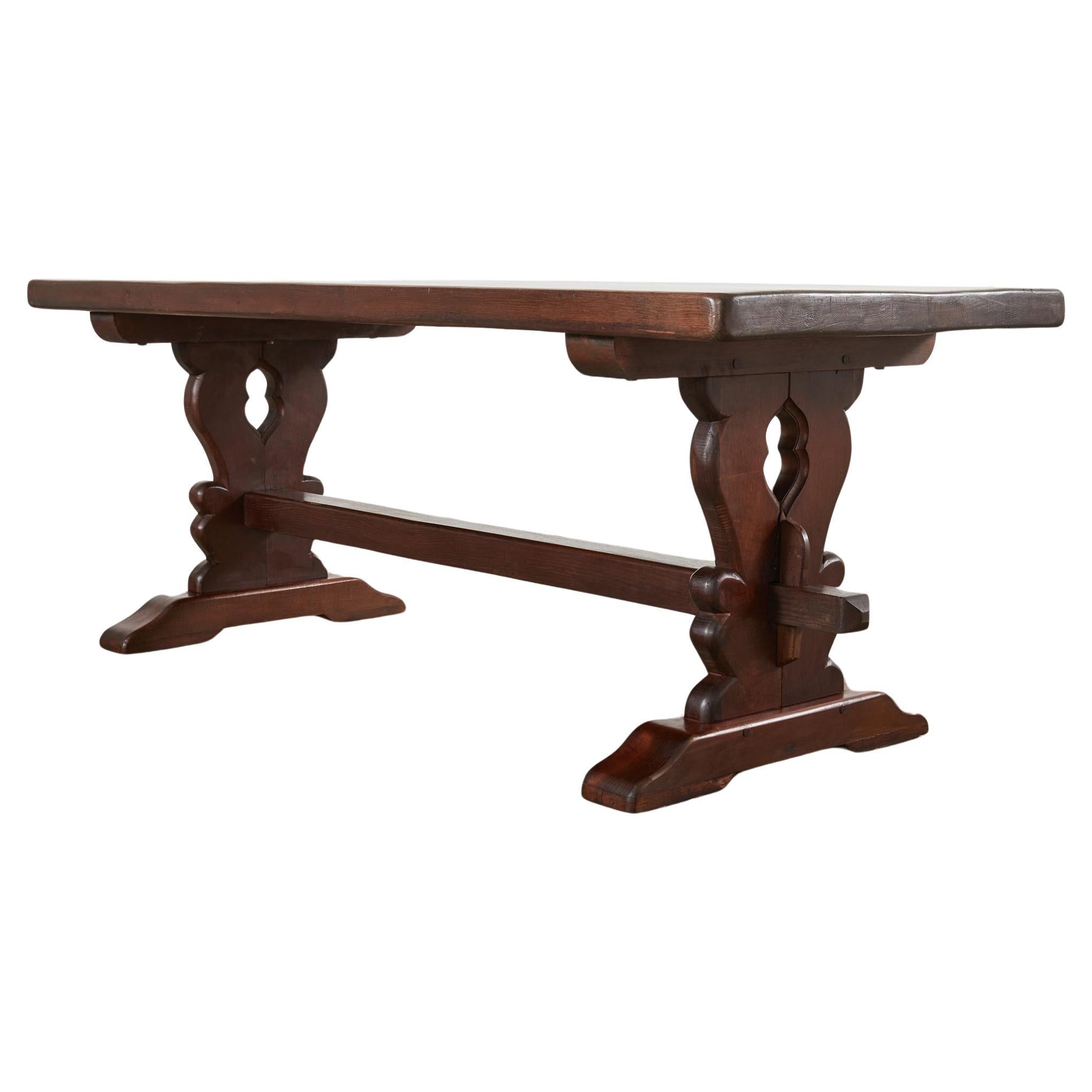 Country French Provincial Style Oak Farmhouse Trestle Dining Table  For Sale