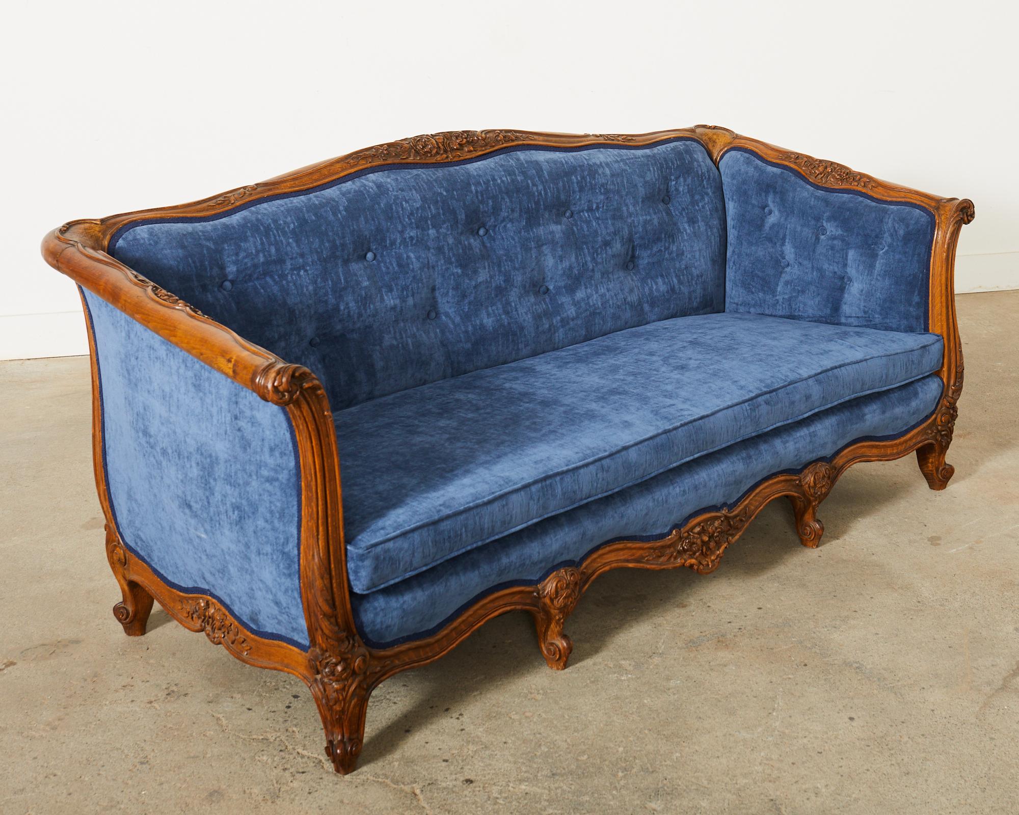 Country French Provincial Style Walnut Blue Velvet Canapé Sofa  For Sale 2