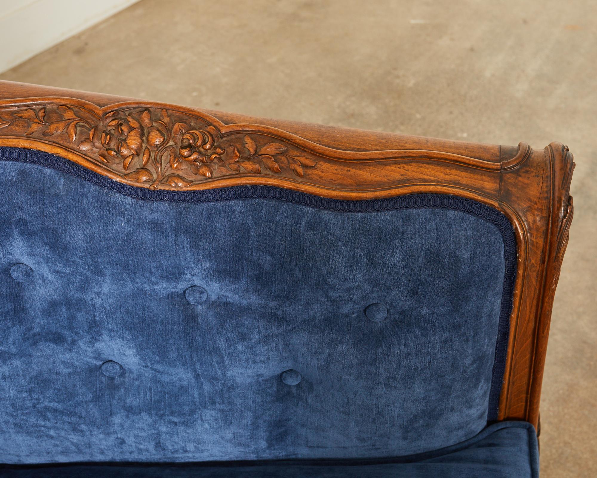 Country French Provincial Style Walnut Blue Velvet Canapé Sofa  For Sale 3