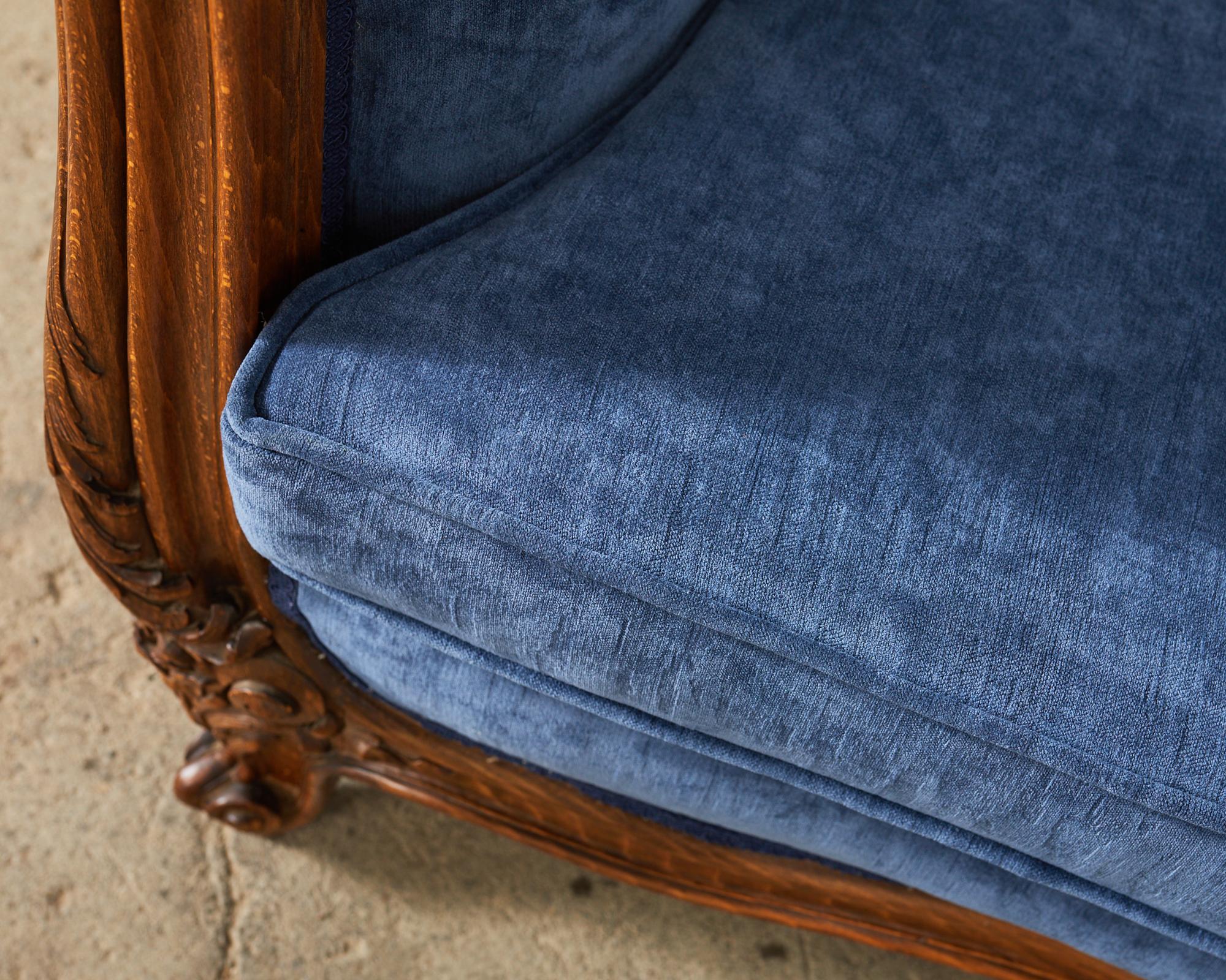 Country French Provincial Style Walnut Blue Velvet Canapé Sofa For Sale 5