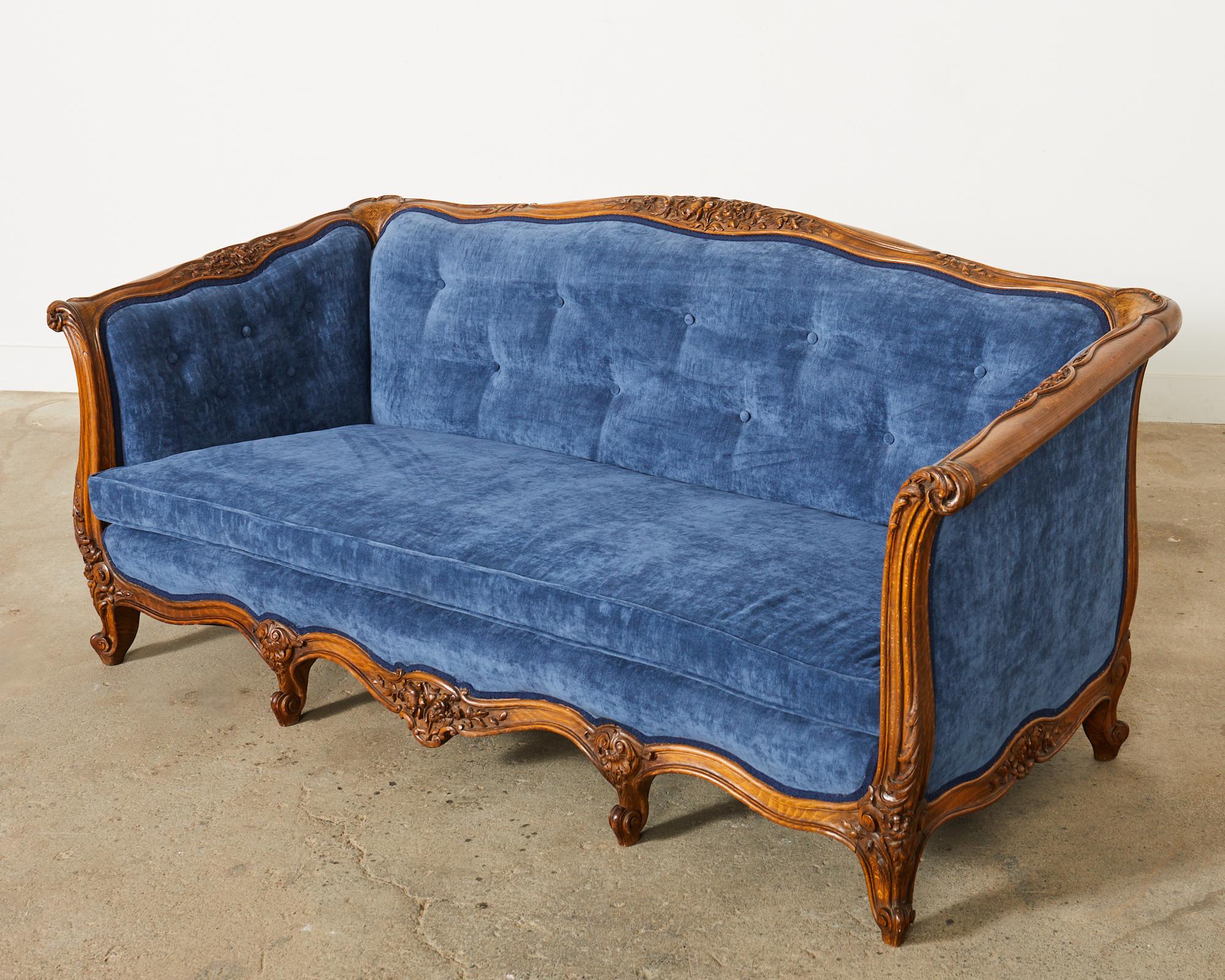 Country French Provincial Style Walnut Blue Velvet Canapé Sofa  For Sale 6