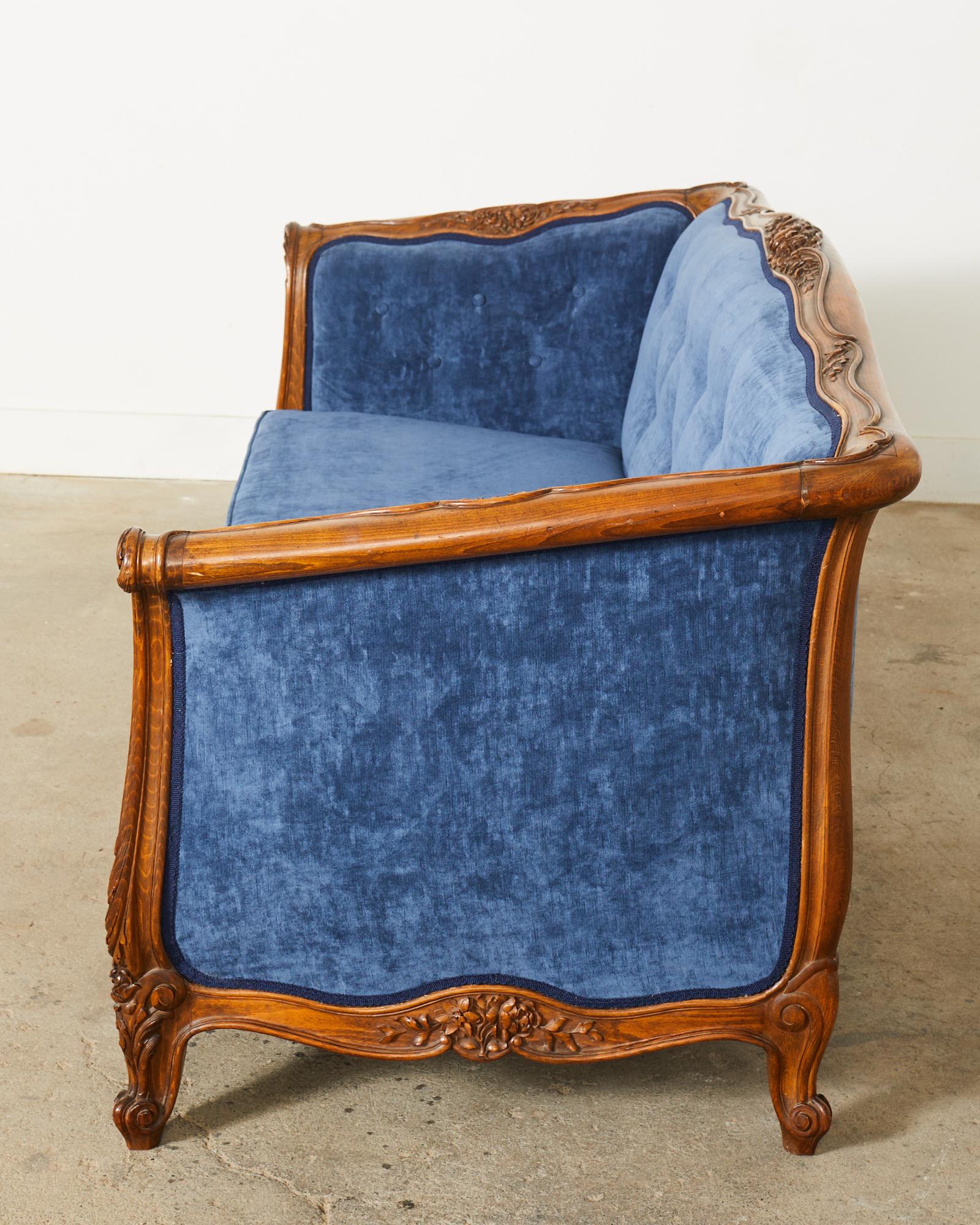 Country French Provincial Style Walnut Blue Velvet Canapé Sofa  For Sale 9