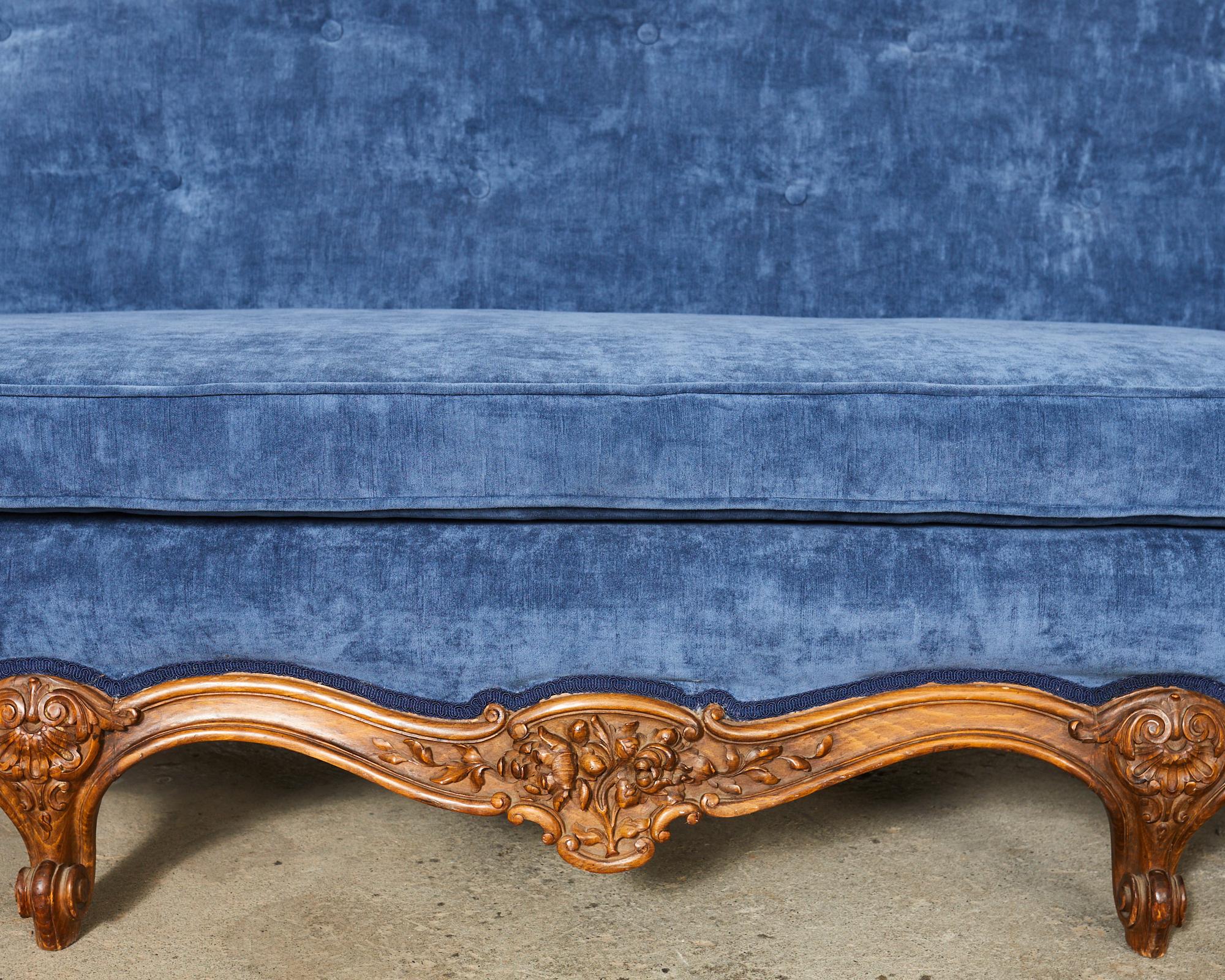 Country French Provincial Style Walnut Blue Velvet Canapé Sofa  For Sale 11
