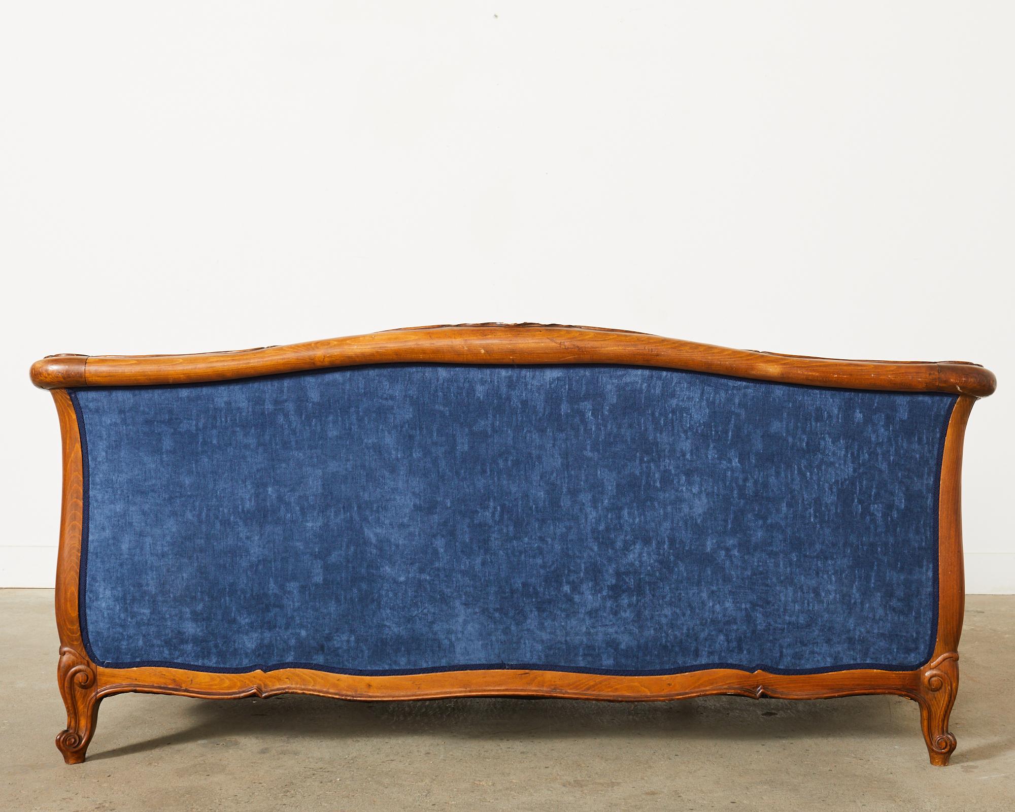Country French Provincial Style Walnut Blue Velvet Canapé Sofa  For Sale 12