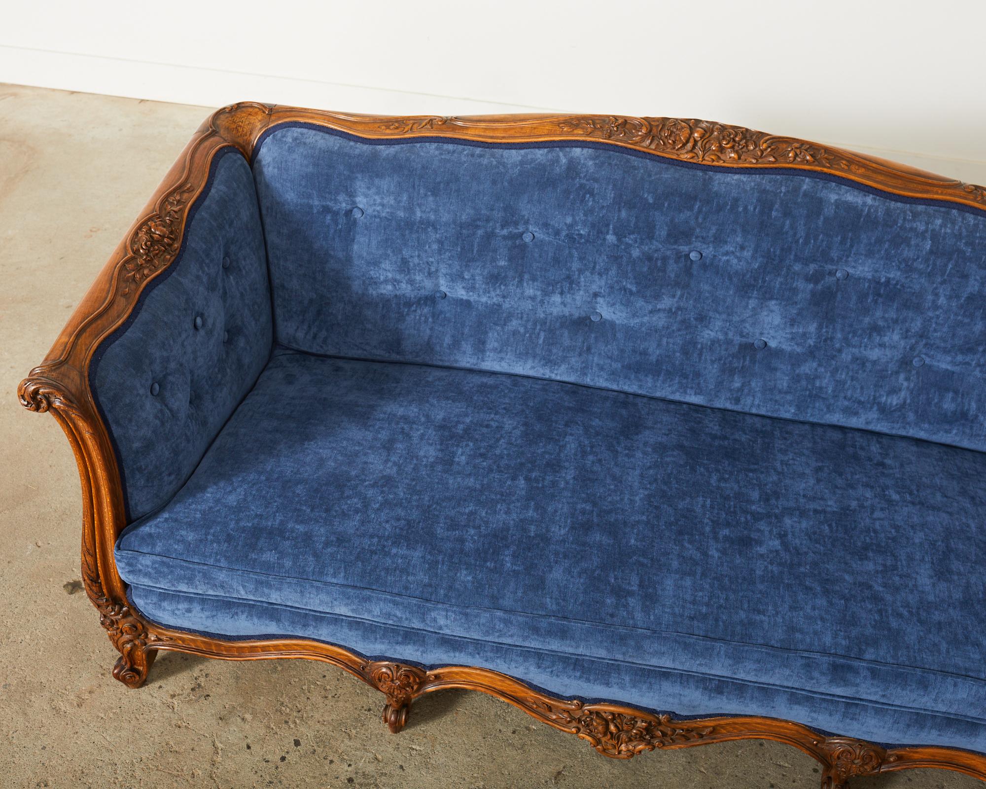 Hand-Crafted Country French Provincial Style Walnut Blue Velvet Canapé Sofa  For Sale