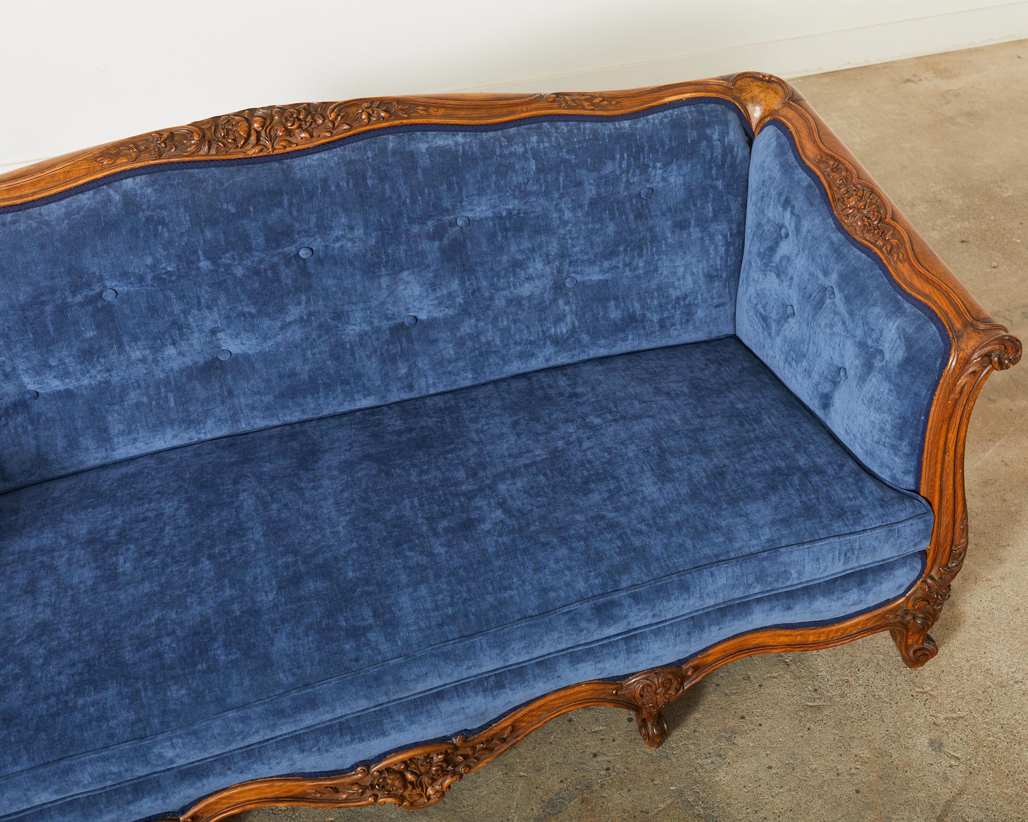 Country French Provincial Style Walnut Blue Velvet Canapé Sofa  In Good Condition For Sale In Rio Vista, CA