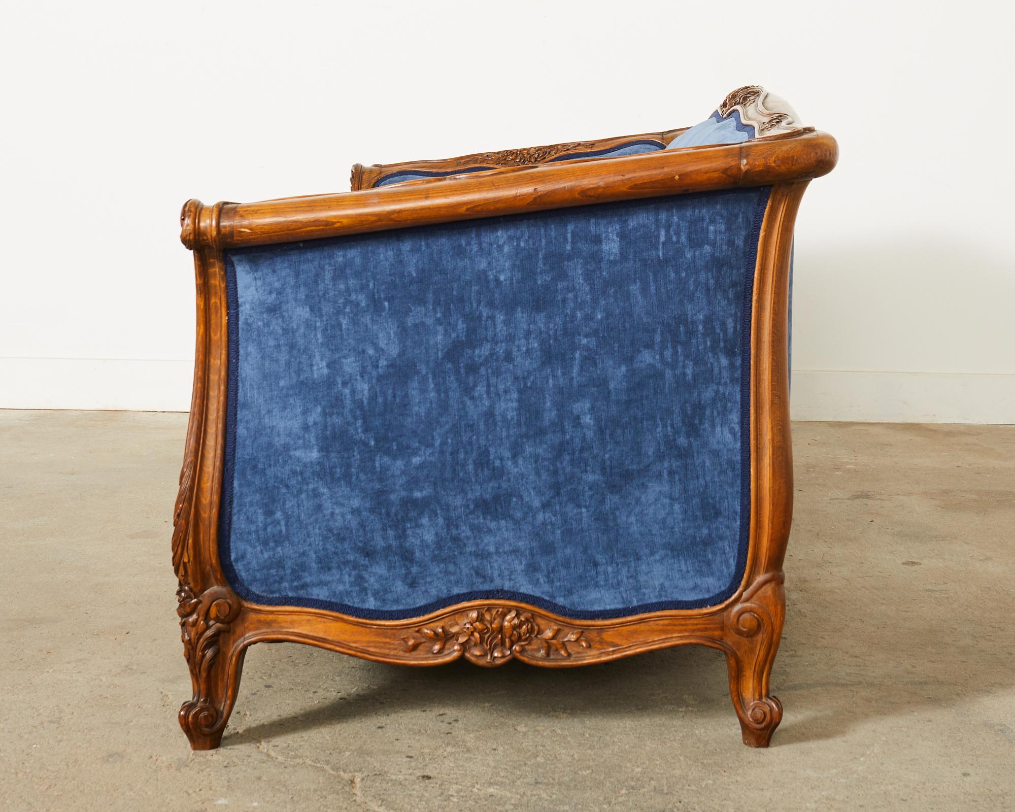 20th Century Country French Provincial Style Walnut Blue Velvet Canapé Sofa  For Sale