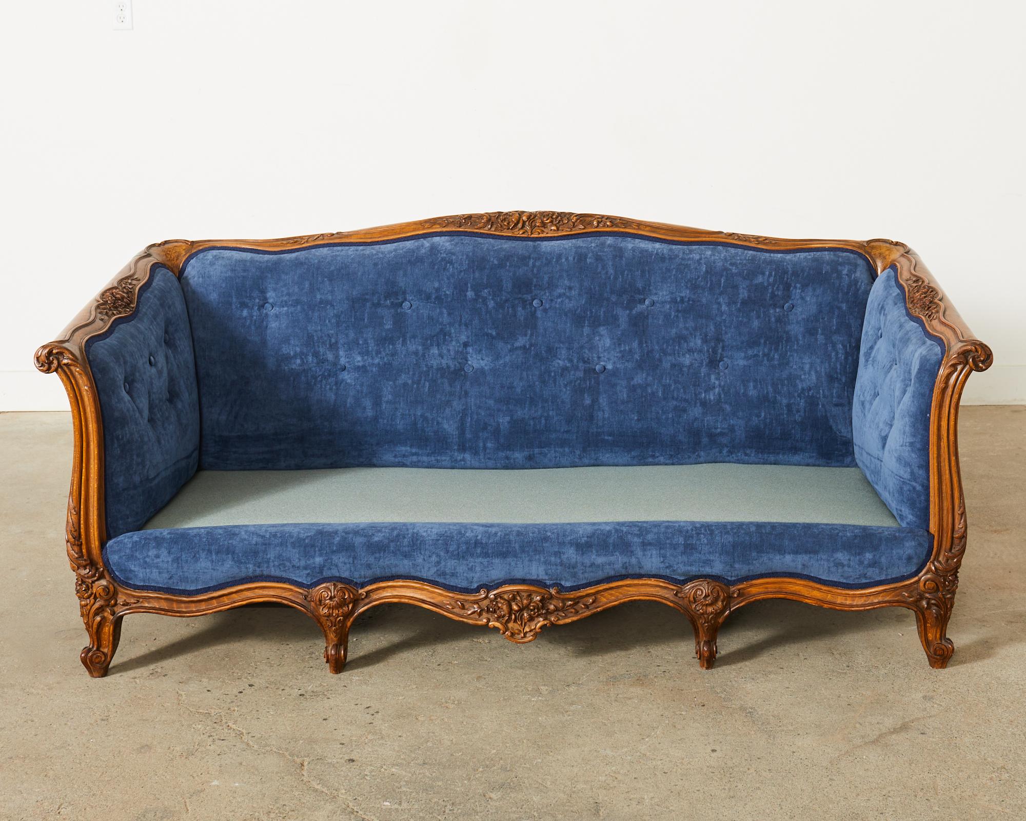 Country French Provincial Style Walnut Blue Velvet Canapé Sofa  For Sale 1
